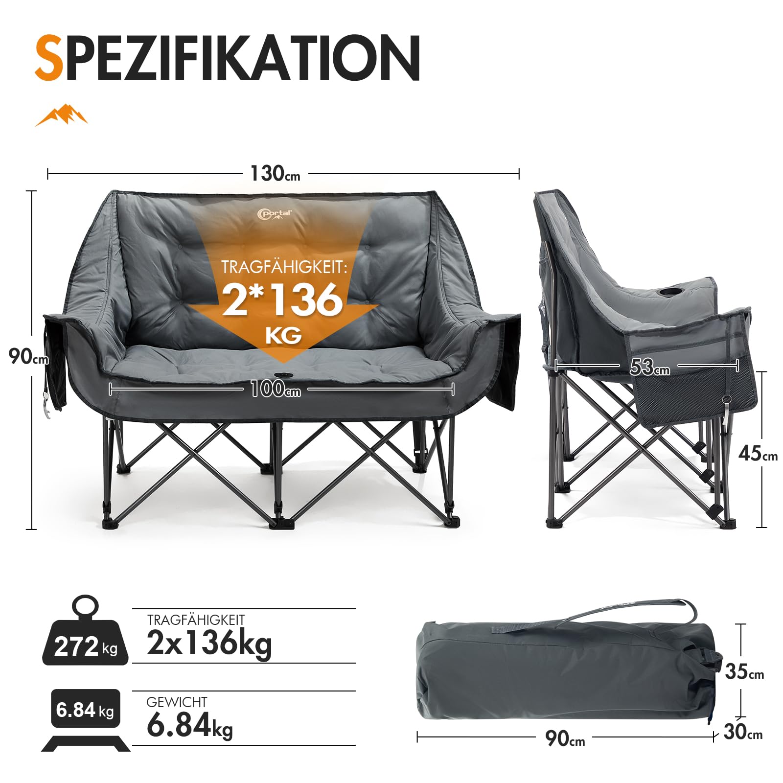 Portal Campingstuhl faltbar Campingsofa für 2 Personen 272kg belastbar Super Weich mit Lagerungstasche Doppel Klappstuhl Faltsofa Dick Gepolstert Hohe Rückenlehne für Outdoor Garten Balkon