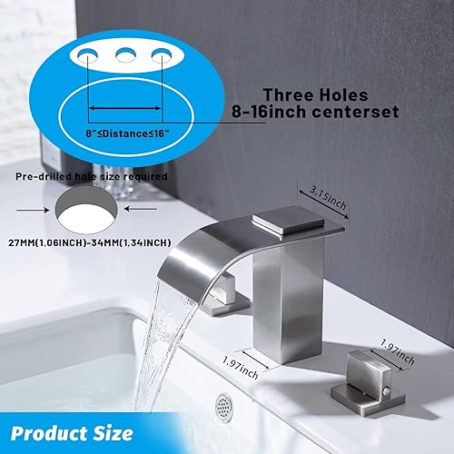 Miniatura 7 de BANGPU Grifo de baño de cascada de 8 pulgadas, 3 agujeros, grifo mezclador de lavabo de 2 manijas, grifo de lavabo de cascada montado en cubierta,