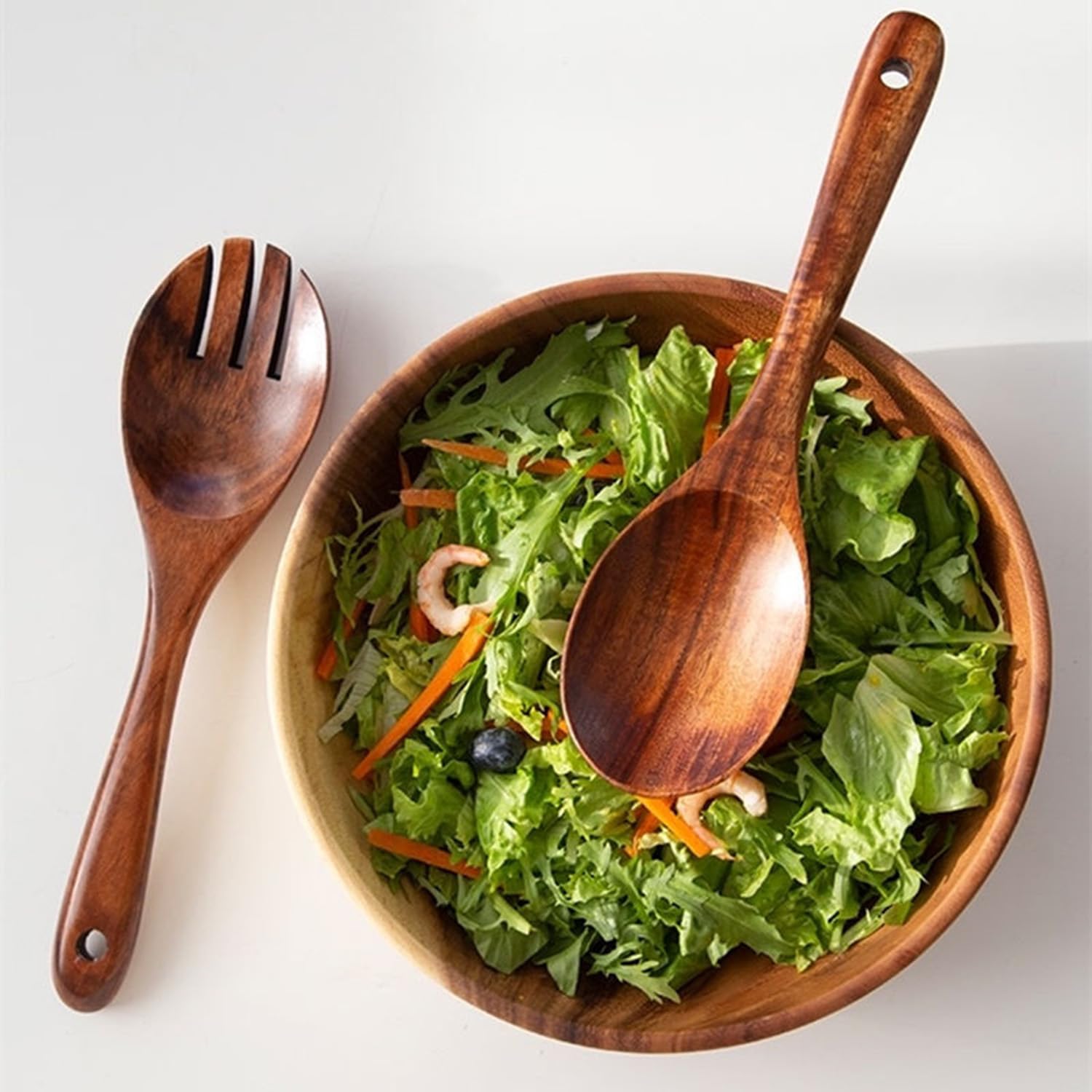 YXE Juego de cuencos de madera para ensalada, 24 x 7 cm, cuenco grande de madera de acacia con cuchara de ensalada y tenedor para mezclar frutas, cereales, pasta, pasta (juego de 3 cuencos grandes