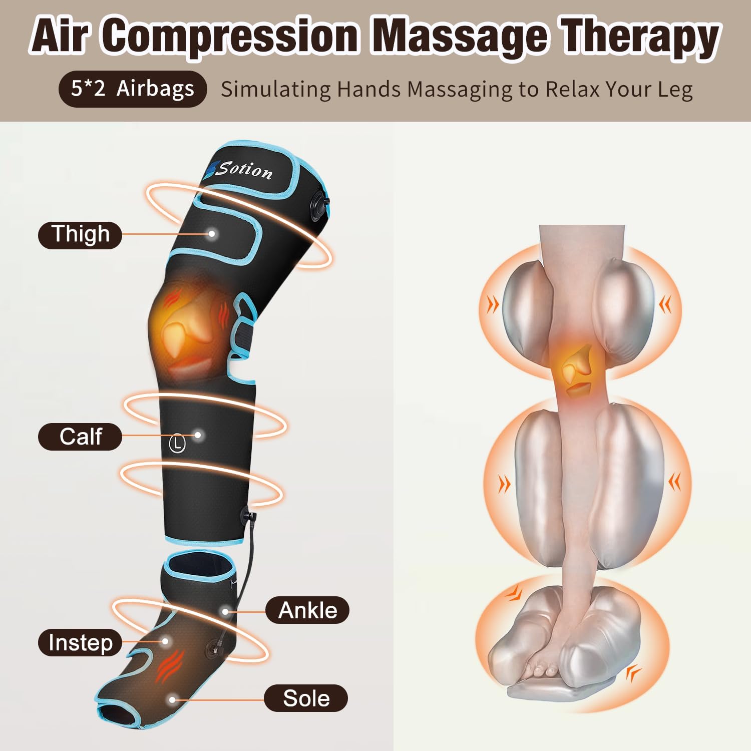 Sotion Leg Massager with Heat and Compression for Circulation & Recovery, Upgraded Foot Calf Thigh Sequential Massager Device with Handheld Controller, 4 Modes 4 Intensities, Help for Leg Pain Relief