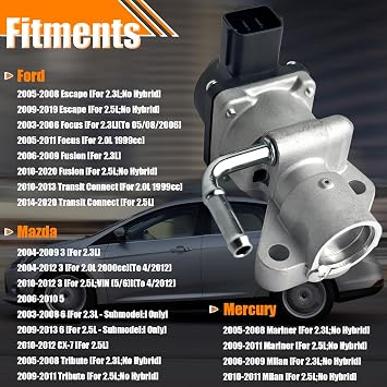 EGR Valve EGV1025 Replacement for Ford Escape Focus Fusion Transit Connect, for Mazda 3 5 6 CX-7 Tribute, for Mercury Mariner Milan, EGR Valve Exhaust Gas Recirculation Valves Replace OE# 1S7Z9D475A
