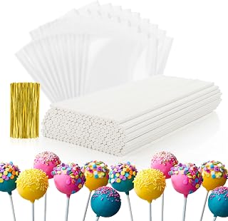 600 Pcs Cake Pop Sticks And Wrappers Kit - Lollipop Sticks And Wrappers Including 200 Pcs Lollipop Stick 200 Pcs Treat Bags 200 Pcs Twist Ties Treat Making Supplies for Candy Chocolate Cookie