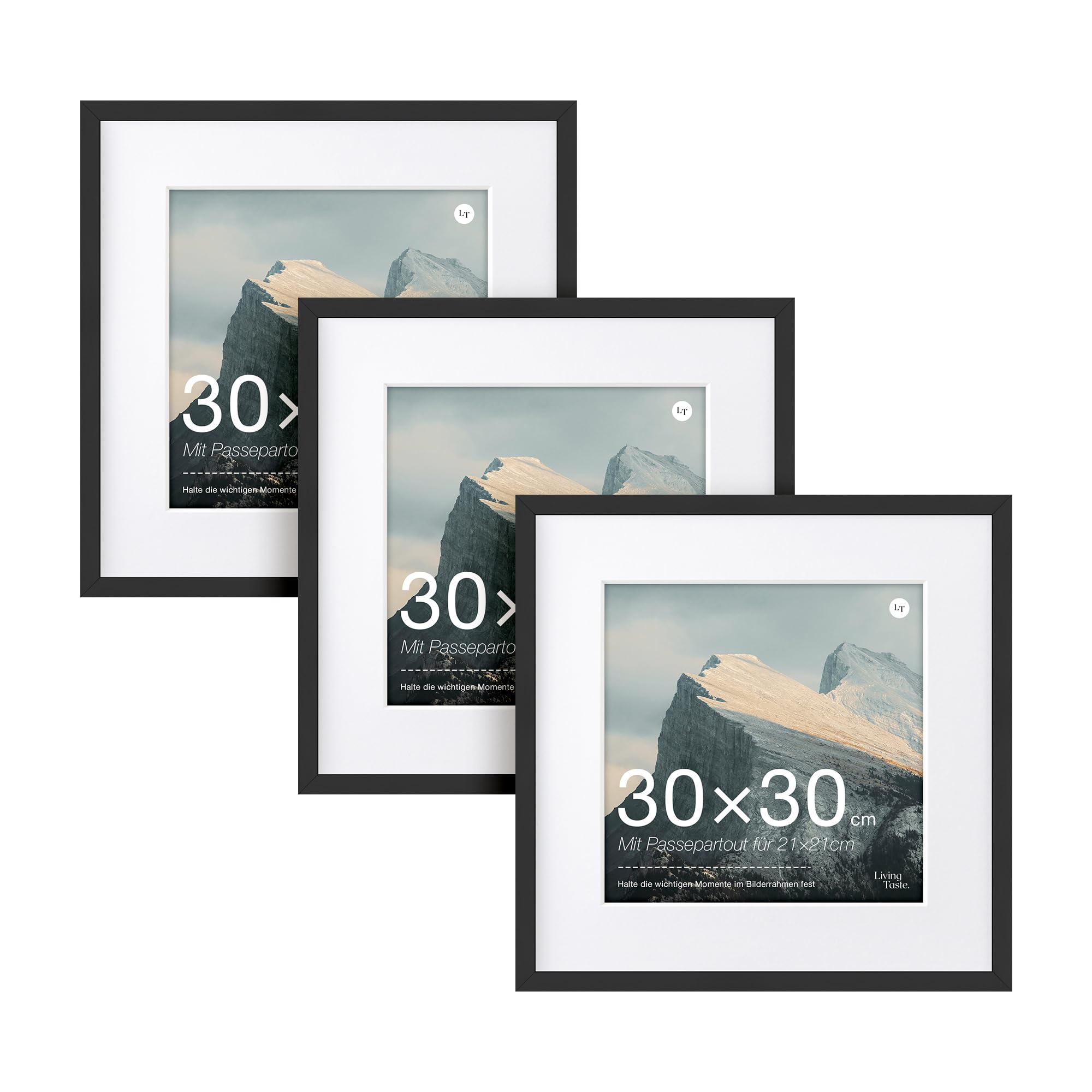 LIVINGTASTE 3 Pack Schwarz Bilderrahmen 30×30 cm MDF Rahmen mit Acrylglas | Fotorahmen mit Passepartout für 21×21 cm für Fotos Zertifikate Poster und Kunstbilder für Wohnzimmer und Büro