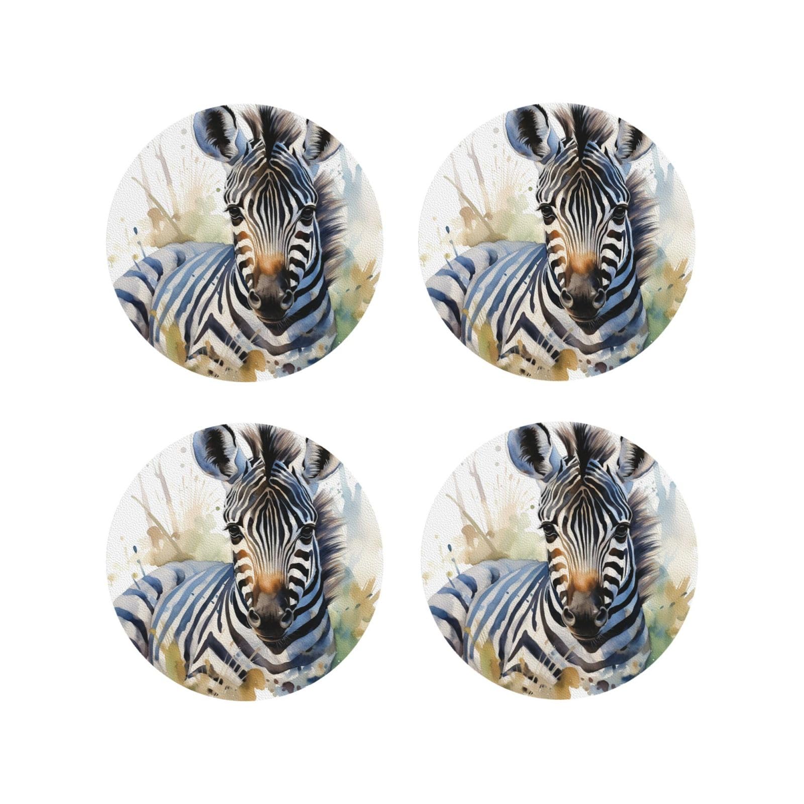 4Pcs PU Leather Coaster for Drinks, Cute Zebra Watercolor Cup Coastersr 4" Cup Mat Pad, Aesthetic Drink Coasters for Coffee Table, Round Shape Coaster for Tabletop Protection