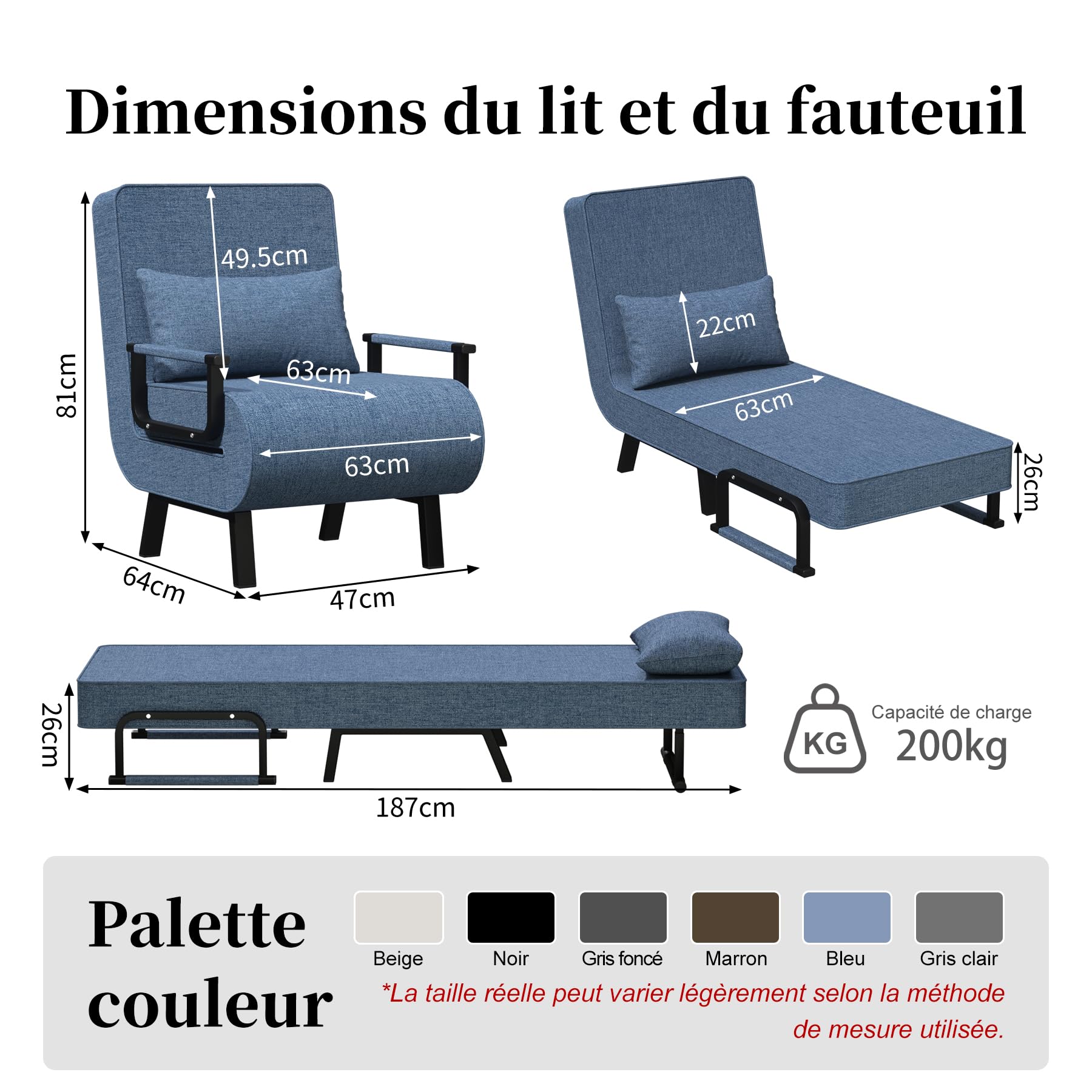 YLGJ&TIDY Chauffeuse 1 Place Convertible 3 en 1, Fauteuil Lit Pliable Dossier 6 Positions, Tissu Lin Mousse à mémoire de Forme, Charge Max 180kg, Lit d’appoint Invités, Sieste Bureau, Bleu