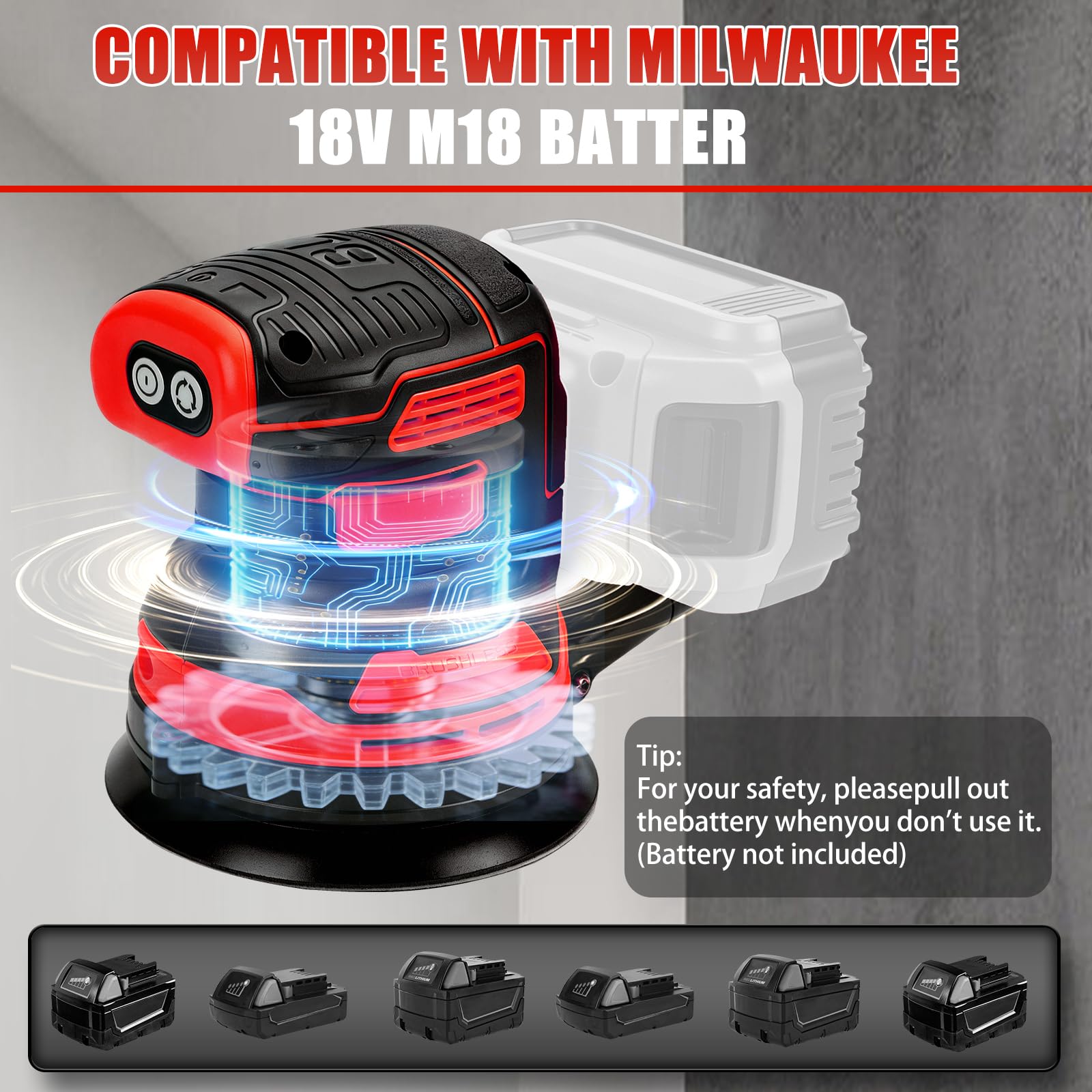 Lijadora orbital inalámbrica compatible con batería Milwaukee M de 18 V (sin batería), 125 mm sin escobillas, lijadora manual eléctrica de 4000 – 8000 rpm, 3 velocidades, 21 hojas de papel de lija y