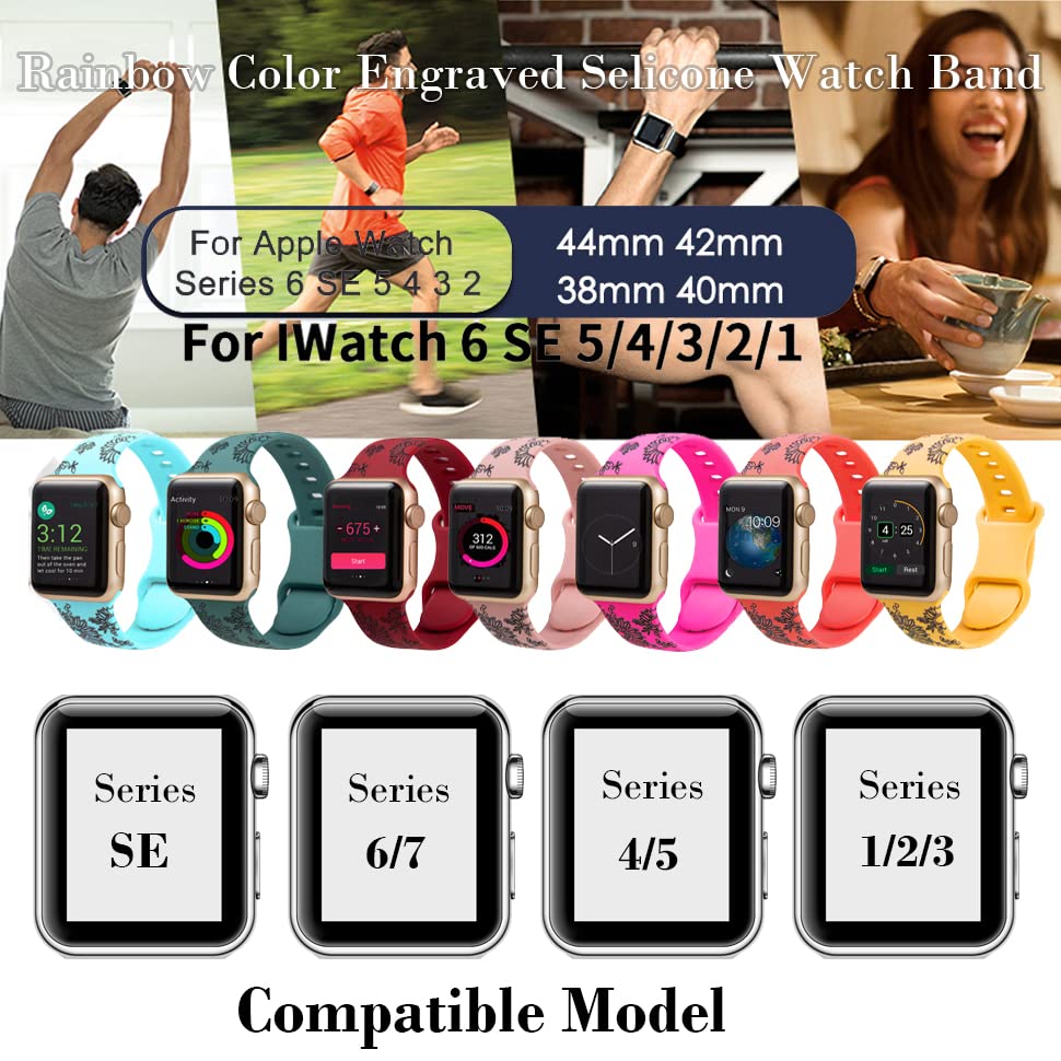 HZDK Compatible with Watch Bands 38mm 40mm 41mm 42mm 44mm 45mm,Unique Flower Engraved Watch Band for Watch Series 7 6 5 4 3 2 1 SE Women Men