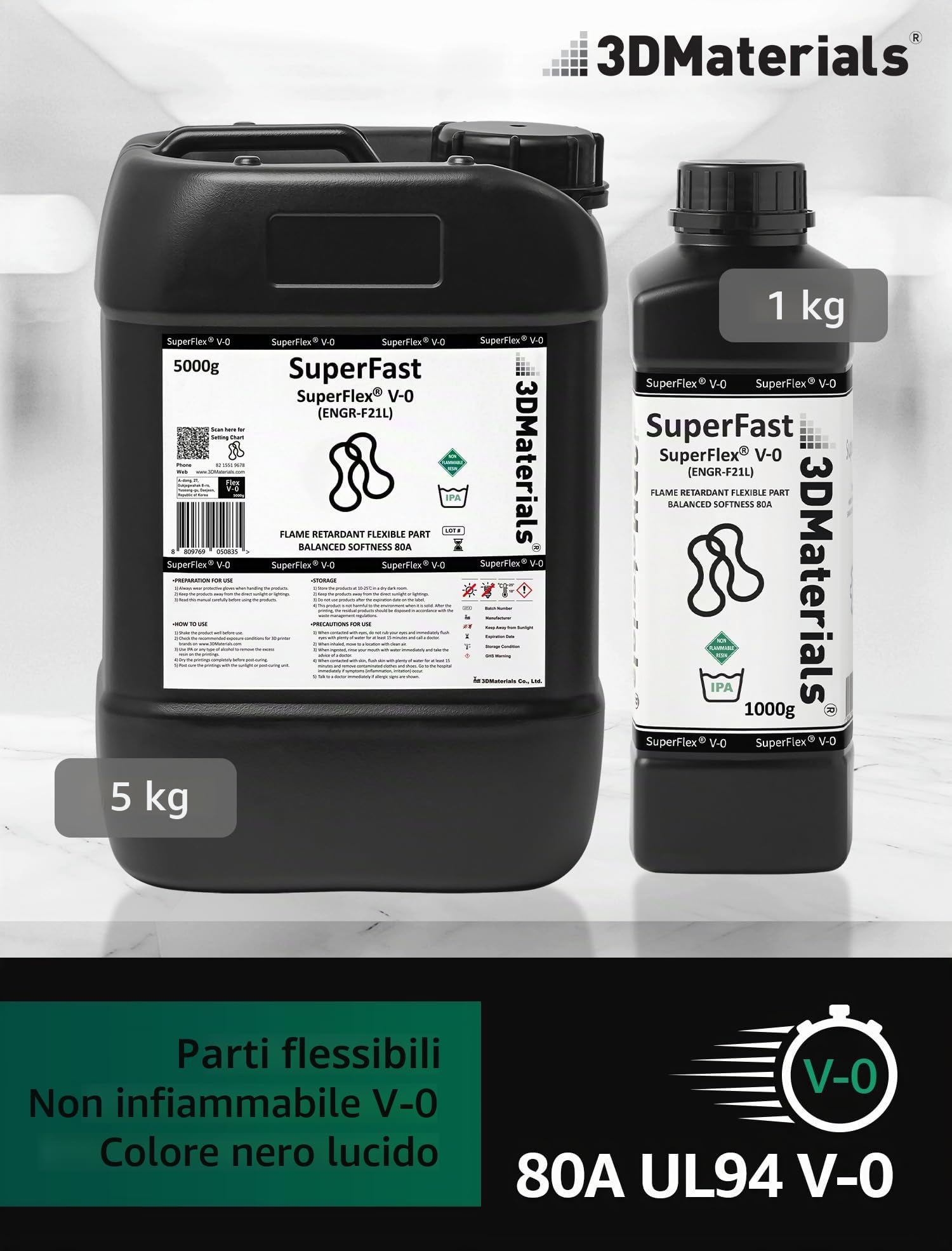 SuperFlex UL94 V-0, Resina Stampante 3D, Ignifuga 80A Corea (1000g, Nero)