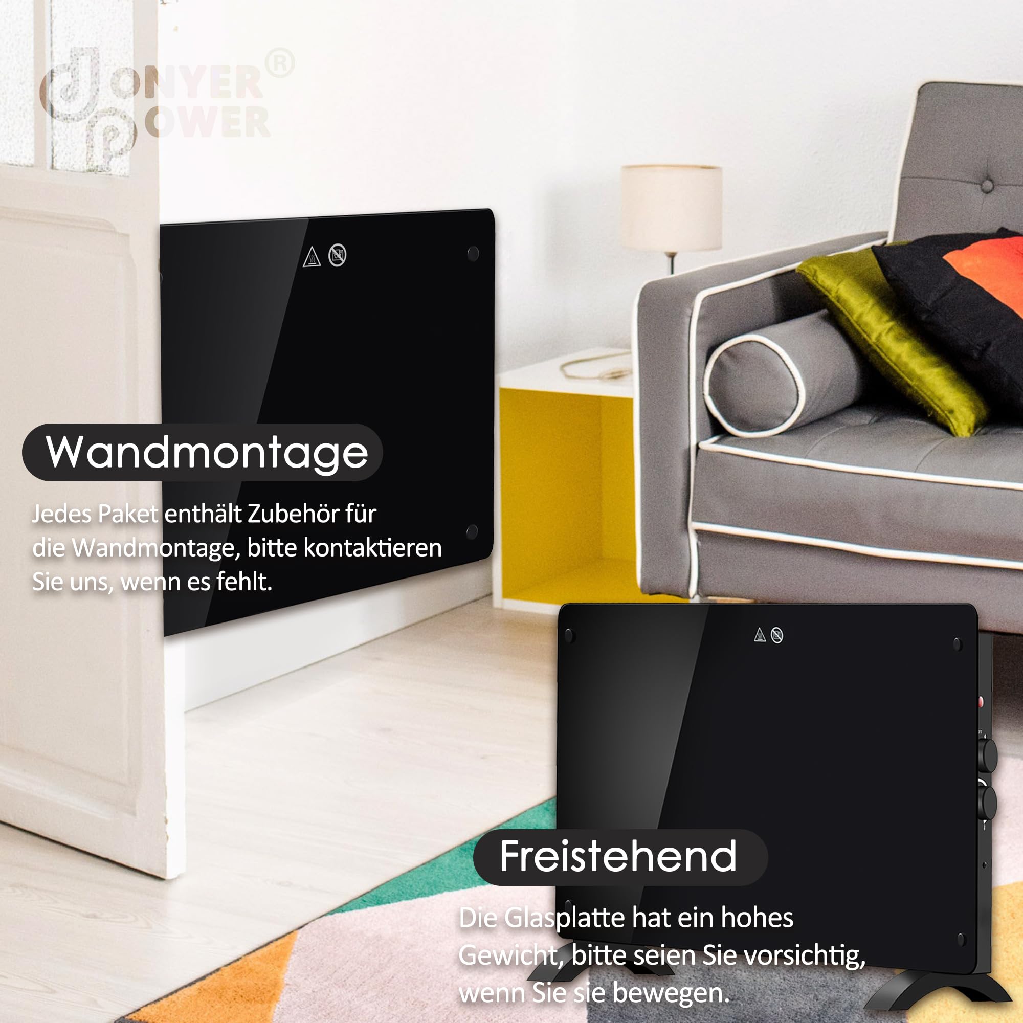 DONYER POWER 1000W Konvektor-Heizung, ultradünn, wandmontiert oder freistehend, schwarze Glasscheibe