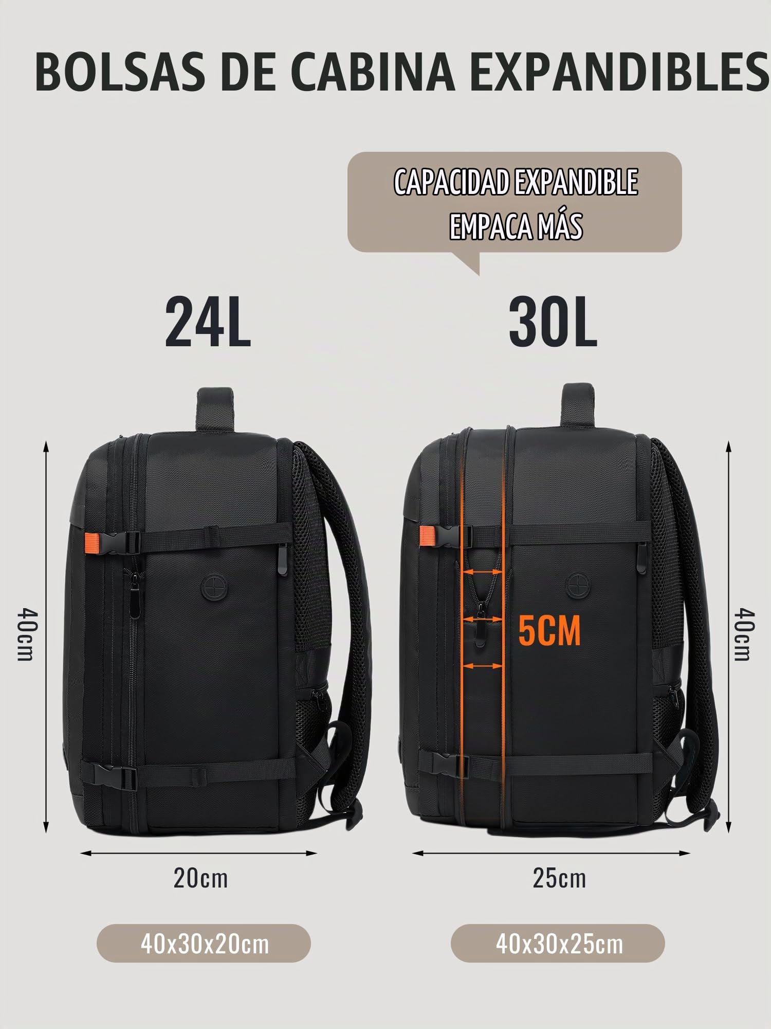 Yankony Mochila 40x30x20 para Ryanair Expande a 40x30x25 | 24L Ampliable a 30L Mochila Viaje Cabina Avion Maleta con Bolsillo Antirrobo para Hombre y Mujer, Negro