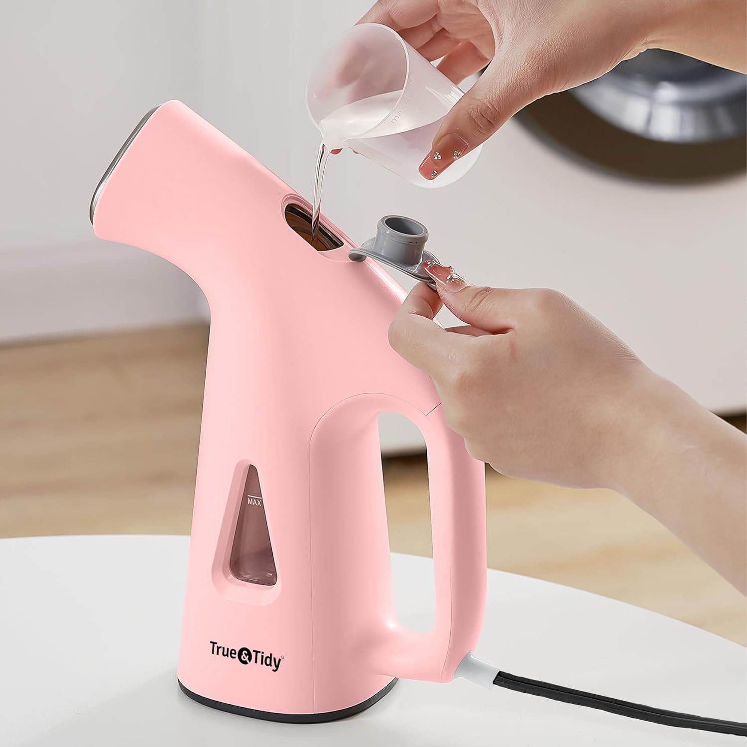 True & Tidy® Steamer for Clothes, Portable Handheld Garment Fabric Wrinkles Remover, 800 watts of steam, Stainless Steel Steam Plate, Pink