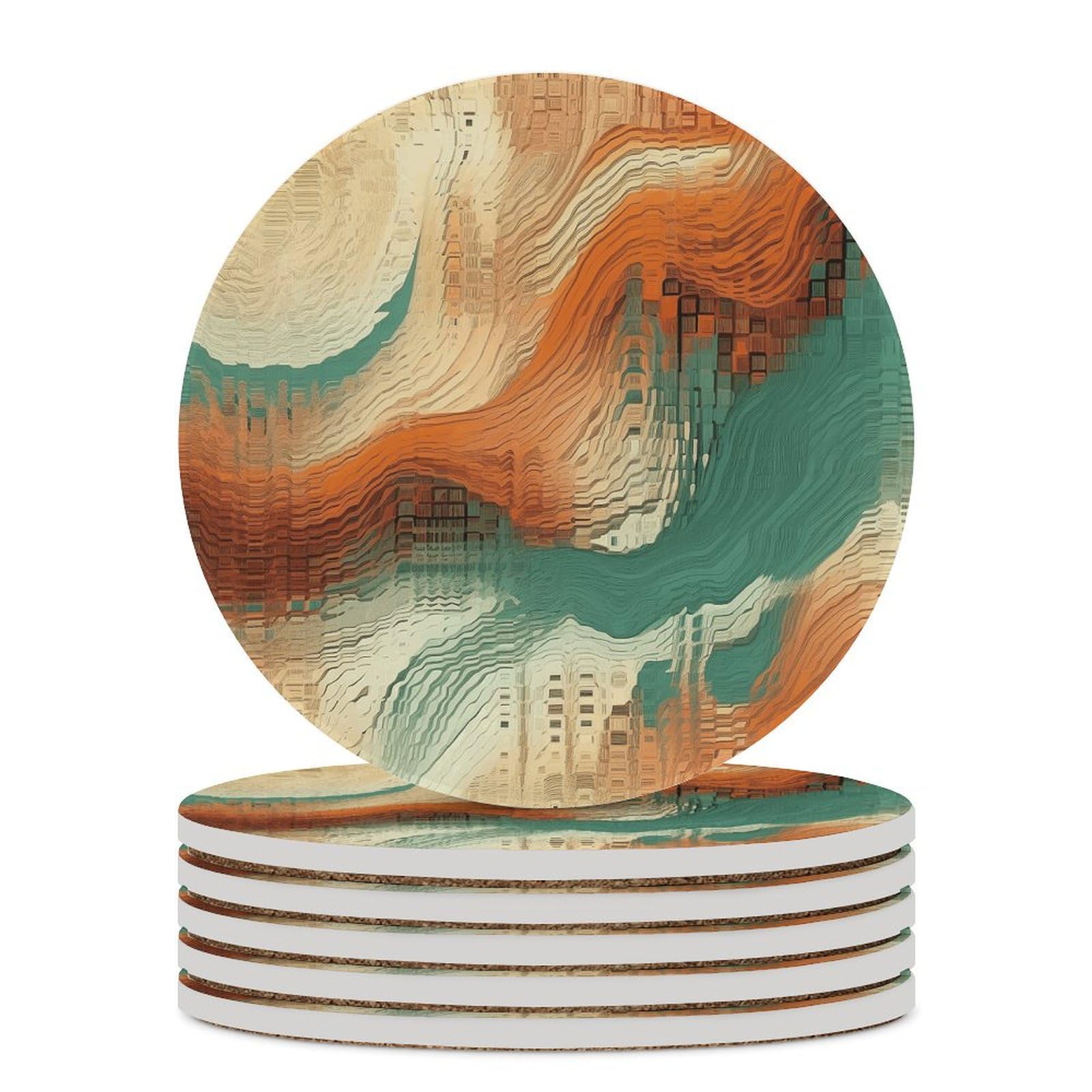 Nqlyut Orange And Beige Ceramic Coasters For Drinks Non-Slip Cup Mat Drink Coasters With Metal Holder Ceramic Coaster Set Of 6 Cork Backing Stone Coasters For Tabletop Protection