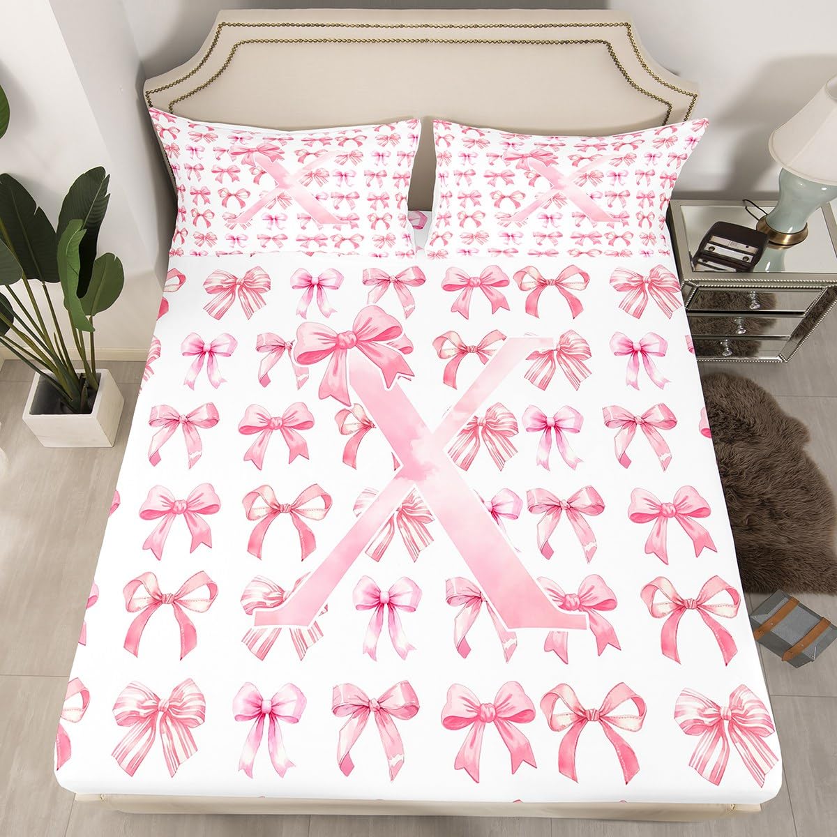 Initial Letter X Fitted Sheet Queen for Kids Teens Bedroom,Trendy Cute Monogrammed Present Bedding Set(No Top Sheet),Pink Bow Bed Sheet,Kawaii Bow Tie Bed Cover,2 Pillowcases