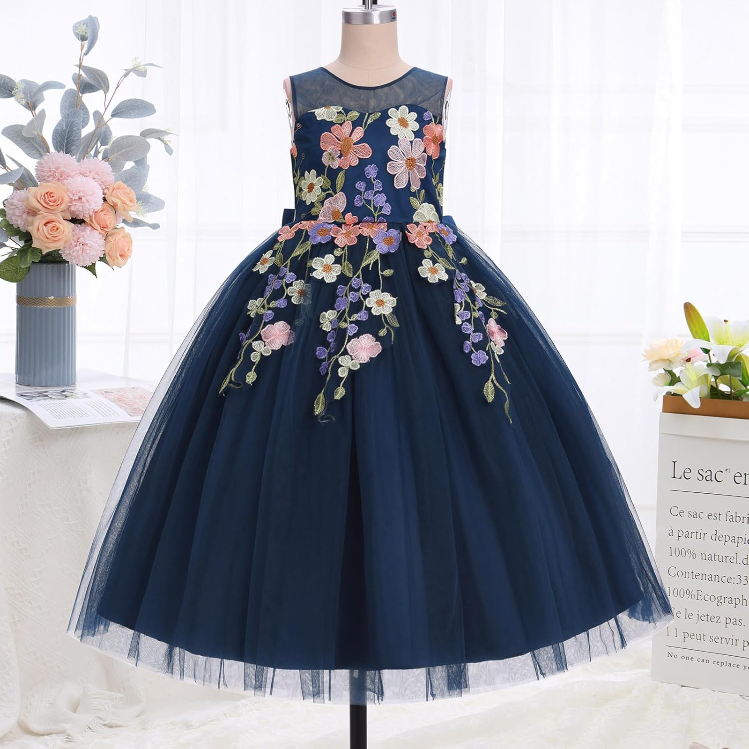 idopip embroidery flower girl lace dress for kid wedding pageant formal communion gown princess bridesmaid maxi tulle dresses 13-14 years navy blue