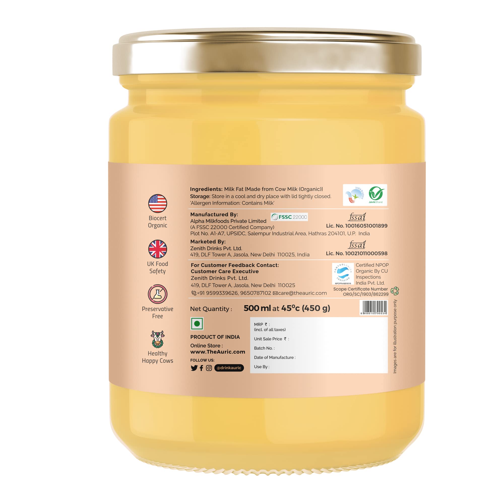 Auric Bio-Ghee | Bilona Curd Churned | Laborgeprüft & international zertifiziert | Perfektes Aroma & Danedar Ghee | Gute Fette für ein gesundes Herz | Glas 500 ml