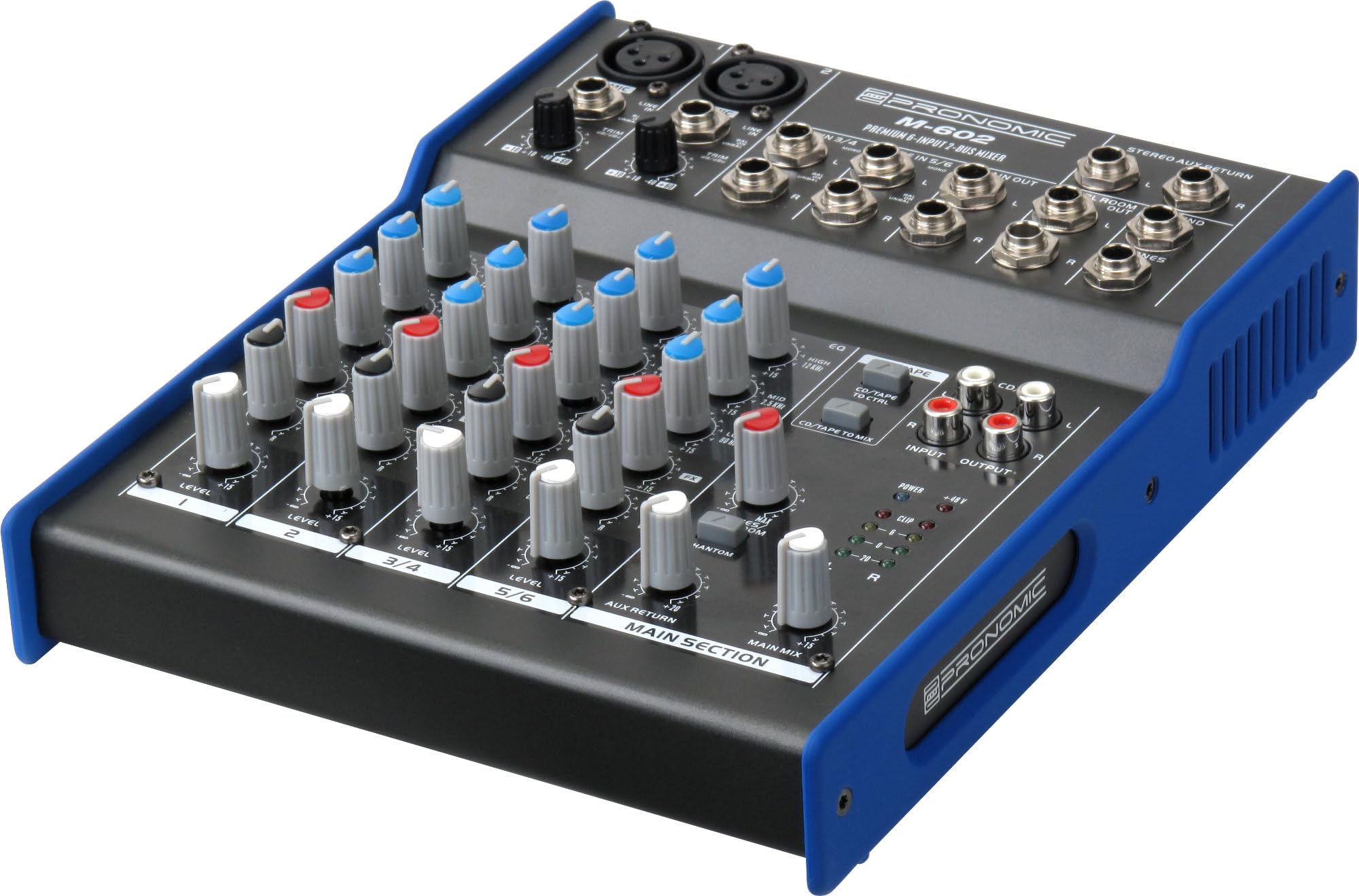 Pronomic M-602 6-Kanal Mischpult mit 2 XLR, 3-Band EQ und FX-Send | 2 Mono-Kanäle, 2 Stereo-Kanäle, 48 V, 3-Band EQ, FX-Send, Aux Return, Control Room Out, Netzteil