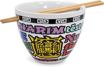 Bowl Bop Noodle Collage Japanese Ceramic Dinnerware Set | Includes 16-Ounce Ramen Noodle Bowl and Wooden Chopsticks | Asian Food Dish Set For Home & Kitchen | Kawaii Anime Gifts and Collectibles