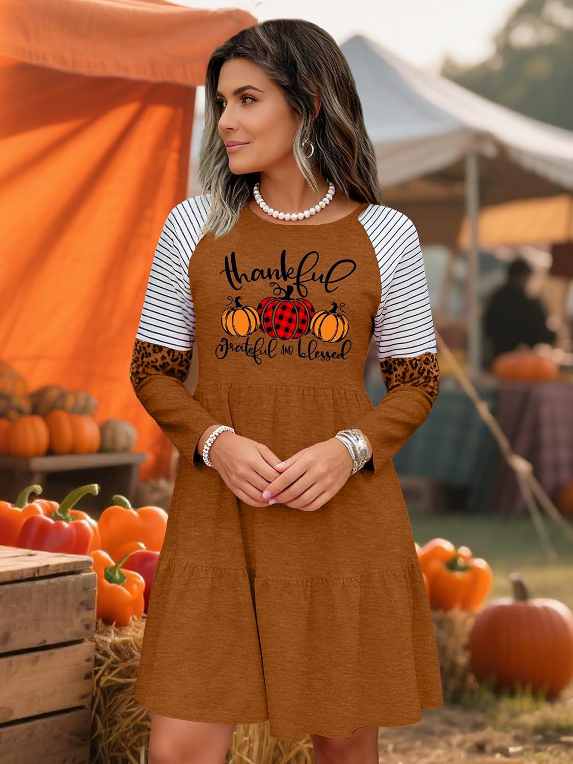 Thanksgiving Dresses for Women Thankful Grateful Blessed Tank Dresses Thanksgiving Pumpkin Tshirts Long Sleeves Tops - Image 3