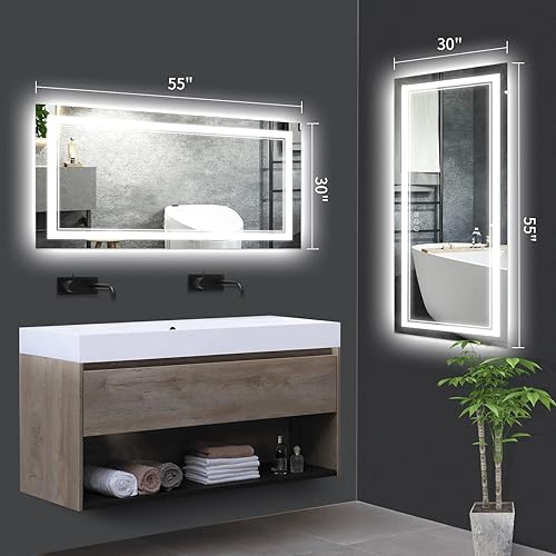 Miniatura 7 de Espejo de baño LED de 55 x 30 pulgadas, retroiluminado y luz delantera, antiempañamiento, regulable, espejo de tocador iluminado con memoria, espejo