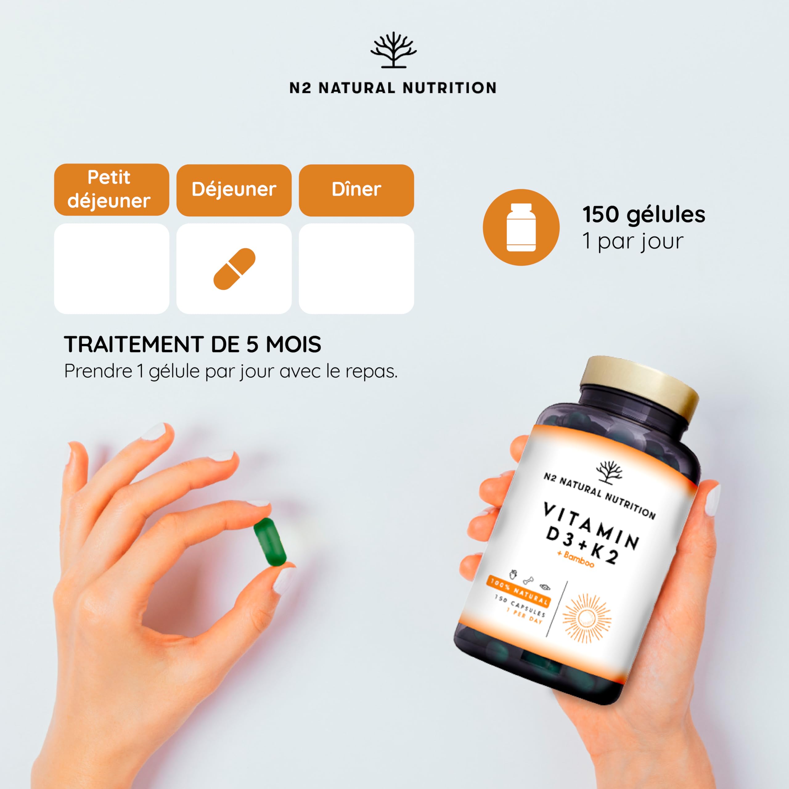 Vitamine D3 K2 5000 UI, Multi Collagène 1650 mg & Omega 3 2000 mg, 450 Gélules. N2 Natural Nutrition