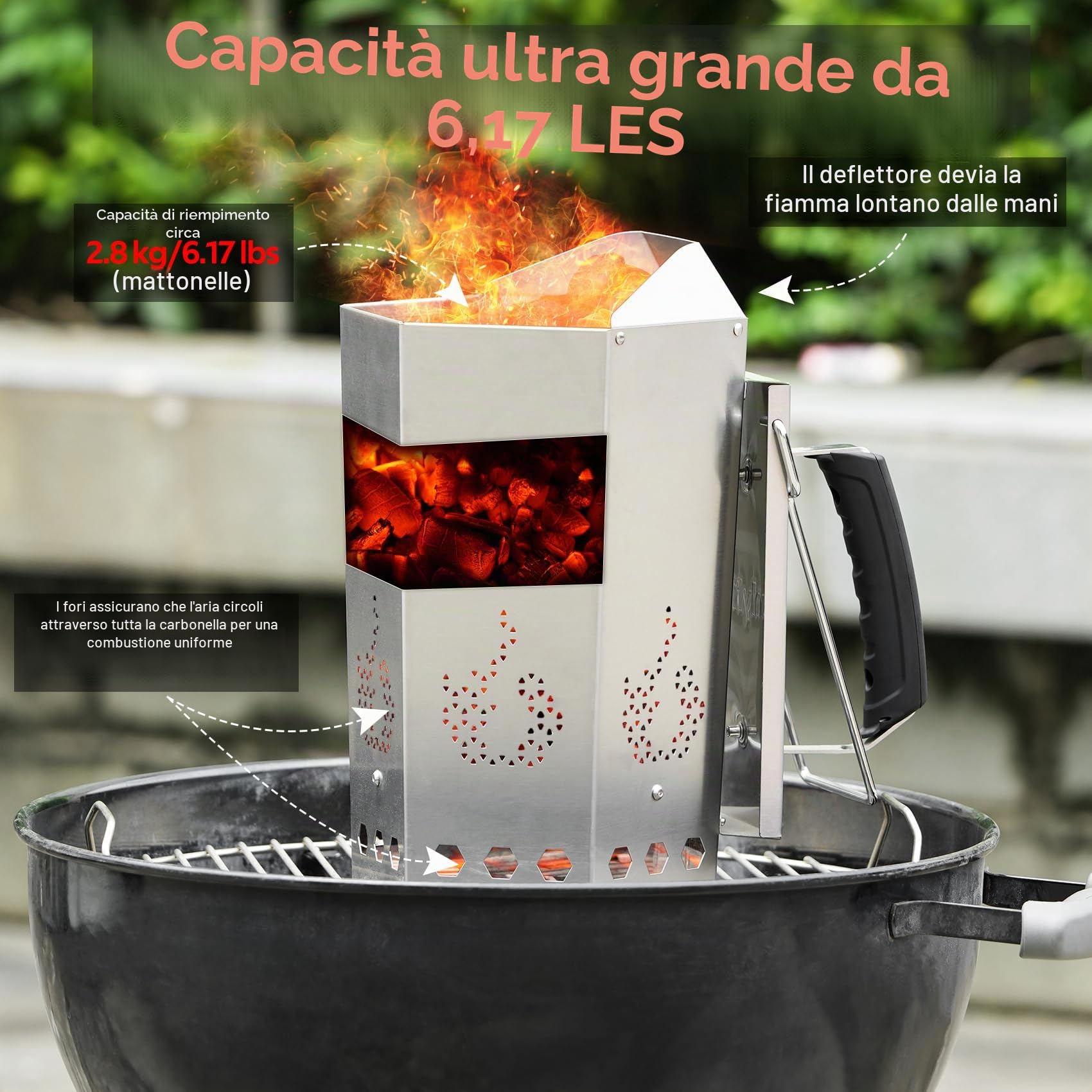 onlyfire Ciminiera Accenditore in Acciaio Inox, Starter per Camini da Barbecue con Sicurezza Isolata Termicamente e Manici in Metallo, Accenditore Rapido per Barbecue e Griglie a Carbonella