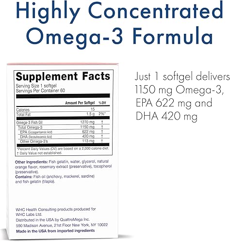Miniatura 2 de WHC, Aceite de pescado UnoCardio X2, ácidos grasos triglicéridos omega-3, 1270 mg de suplemento de aceite de pescado (622 mg EPA / 420 mg DHA/total