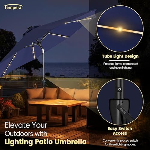Miniatura 3 de Tempera Sombrilla de mesa para patio de 10 pies con luz LED solar con botón de inclinación y manivela, con poste resistente y toldo resistente a la