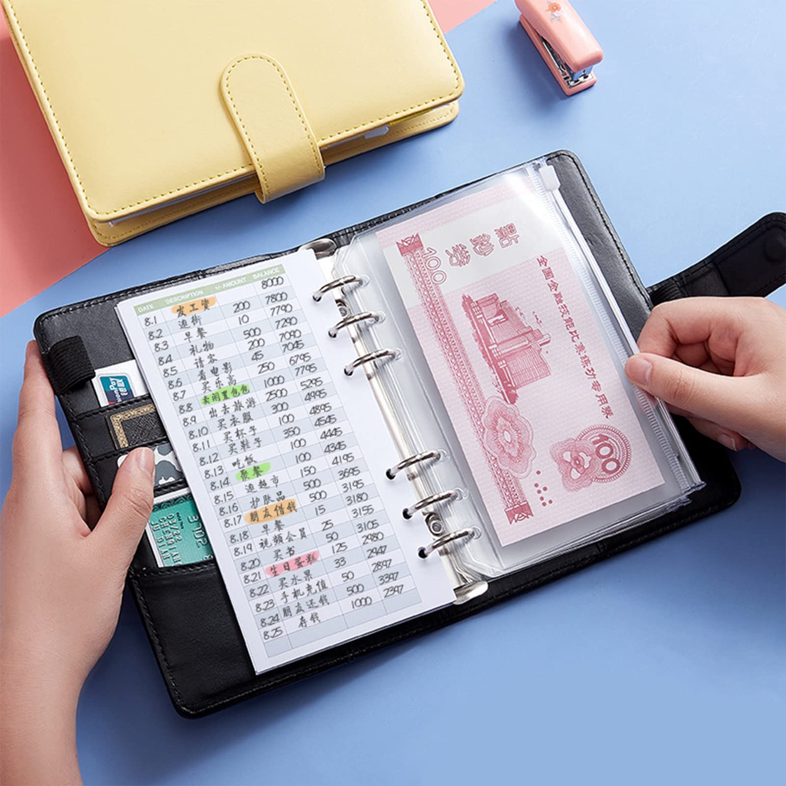 Lot de 28 classeurs budgétaires A6 – Classeur à anneaux en cuir avec enveloppes transparentes, feuilles de budget, étiquettes autocollantes et organiseur de billets pour voyage et agenda – Bleu