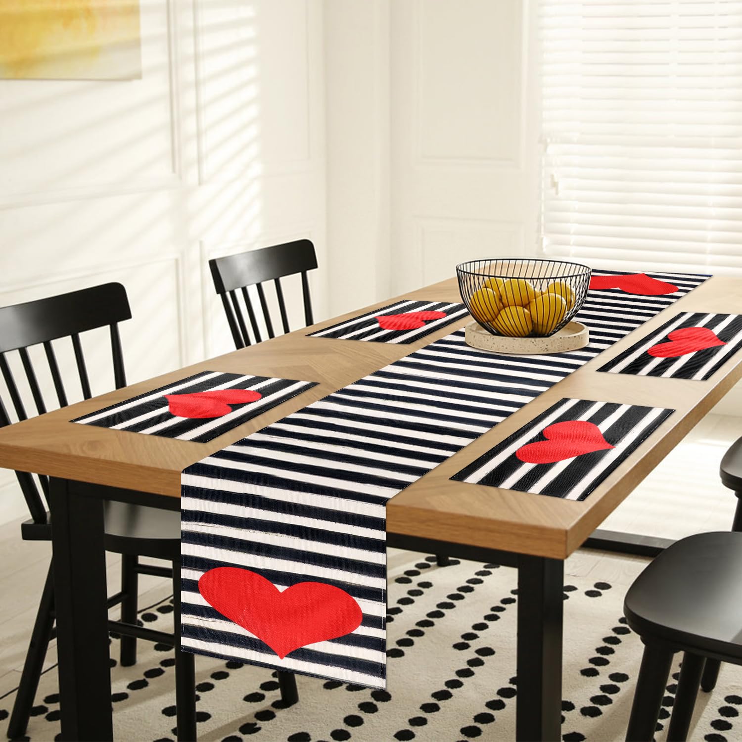 Valentines Day Table Runner, Watercolor Stripes Love Heart Tablecloth with 4pcs Placemats Valentines Day Table Cover Table Decor for Kitchen Dining Table Party Anniversary Decorations