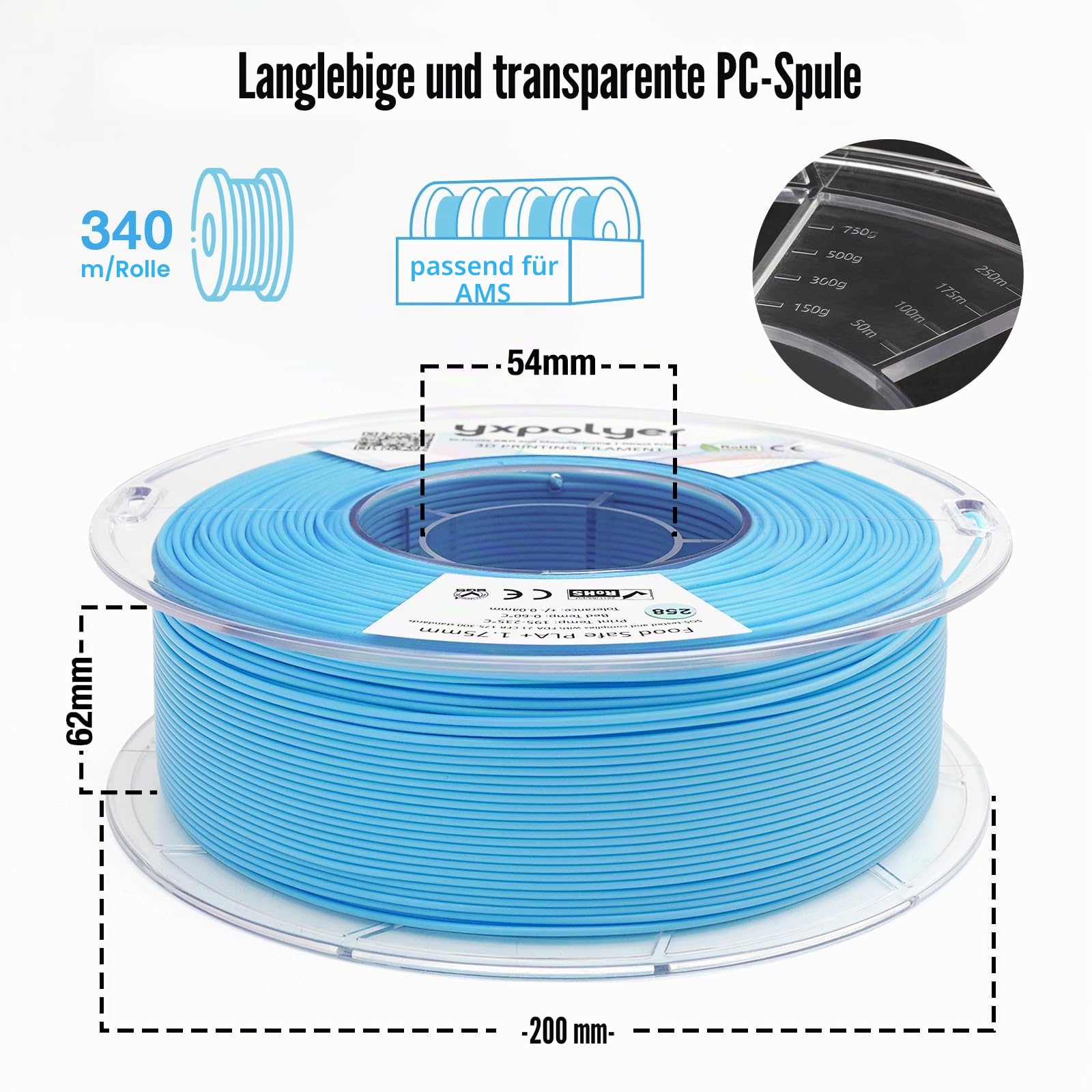 YXPOLYER PLA-Filament, PLA Plus, lebensmittelecht, 1 kg, Pastellblau, lebensmittelecht, AMS-kompatibel, 3D-Druck-Filament, geruchsfrei und sicher zu verwenden, für 3D-gedrucktes Spielzeug