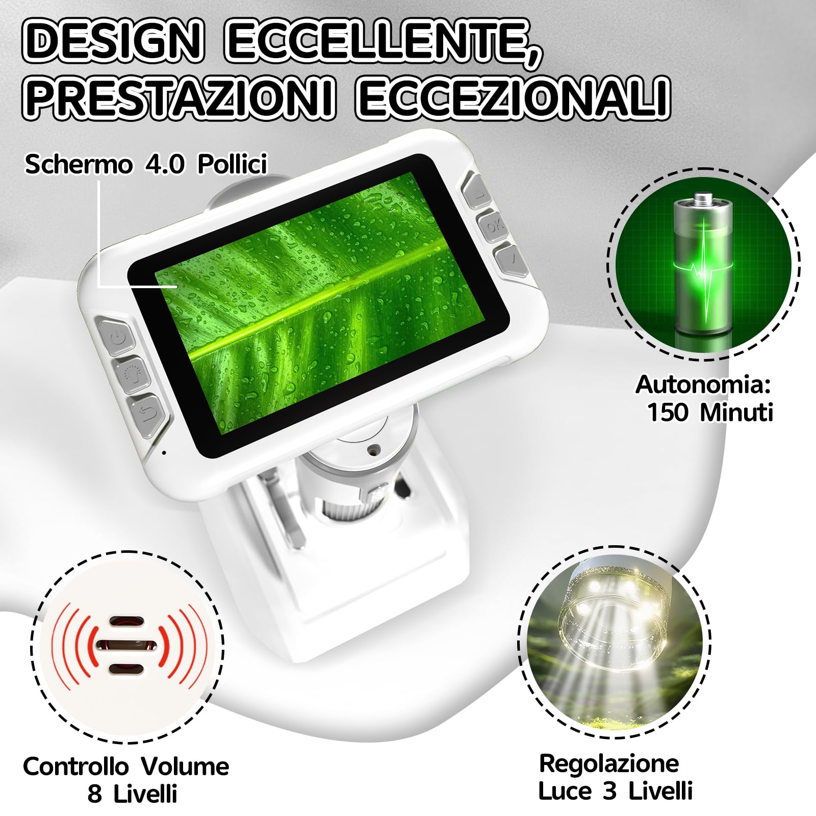 Charmofun Microscopio Bambini, Microscopio Digitale con Scheda di Memoria da 64GB, Microscopios Portatile Bambini con Schermo LCD 4", Ingrandimento 1600X, Foto e Video, Funzione Portatile e Fissa