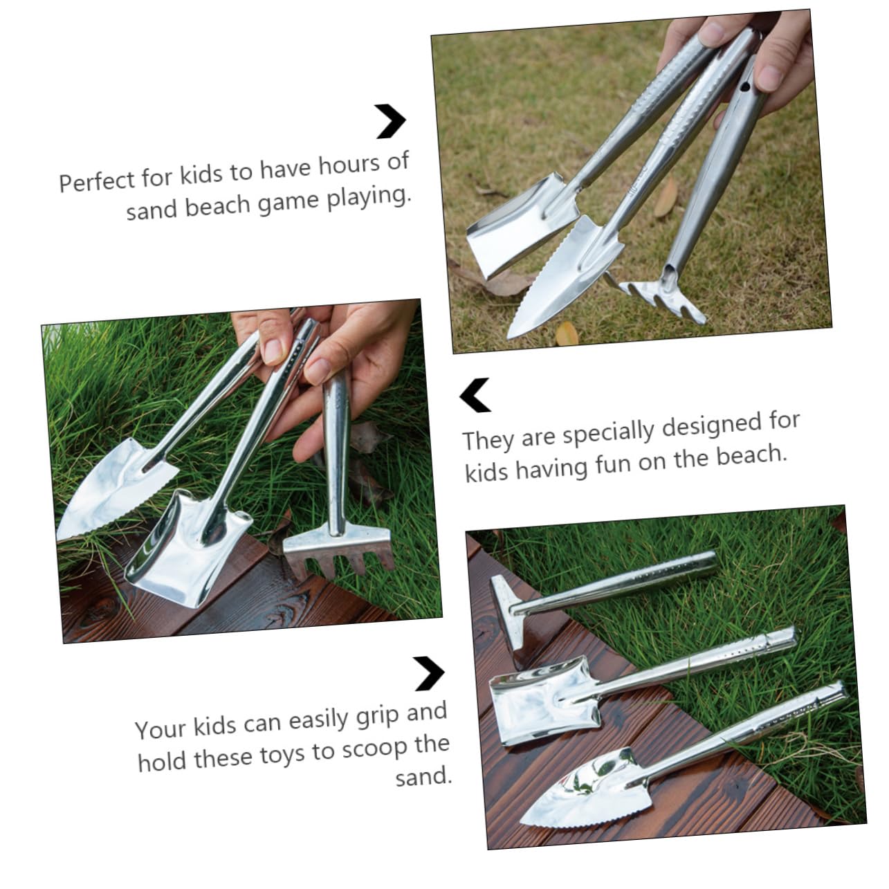 BRIGHTFUFU Boys and Girls 3-in-1 Stainless Steel Beach Shovel Set Rake Flat Shovel Comfortable to Hold