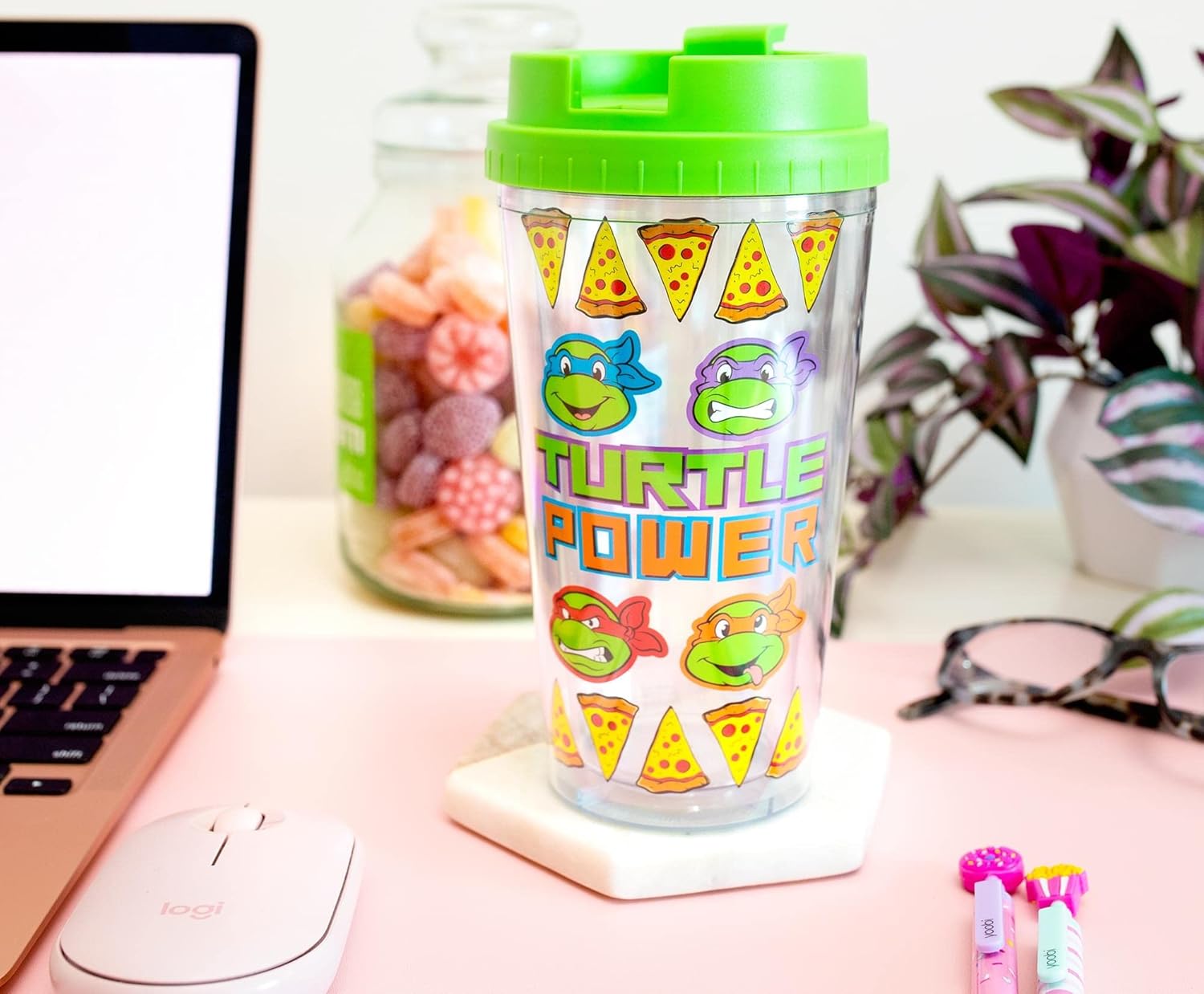 Silver Buffalo Teenage Mutant Ninja Turtles Pizza Slices Plastic Travel Tumbler With Leak-Resistant Flip Lid | Holds 16 Ounces - Image 6