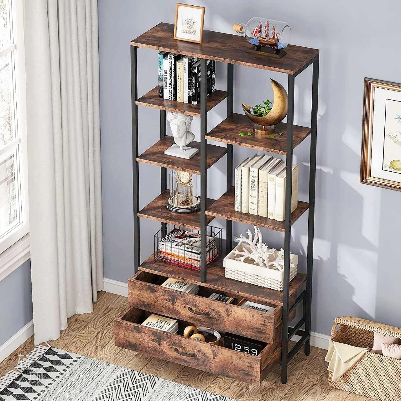 Tribesigns Bookshelf, Tall Bookcase with Drawers, Industrial Open ...