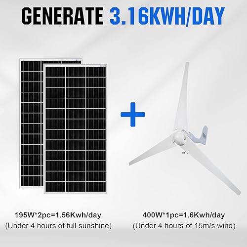 Miniatura 3 de ECO-WORTHY Kit de energía eólica solar de 800 W 1 generador de turbina eólica de 400 W con controlador híbrido  2 paneles solares mono de 195 W para