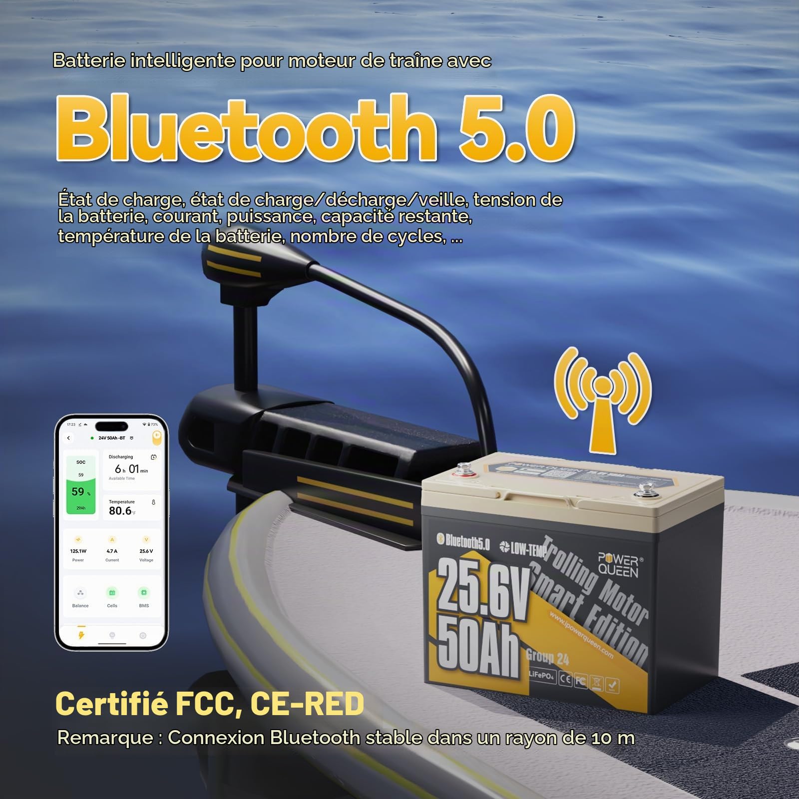 Power Queen 24V 50Ah Batterie Lithium Bluetooth Bateau, Protection Basse Température Batterie LiFePO4 15000+ Cycle Profond, 1280Wh Energie pour 24V Moteur de Bateau Electrique 100LBS Yacht Marine