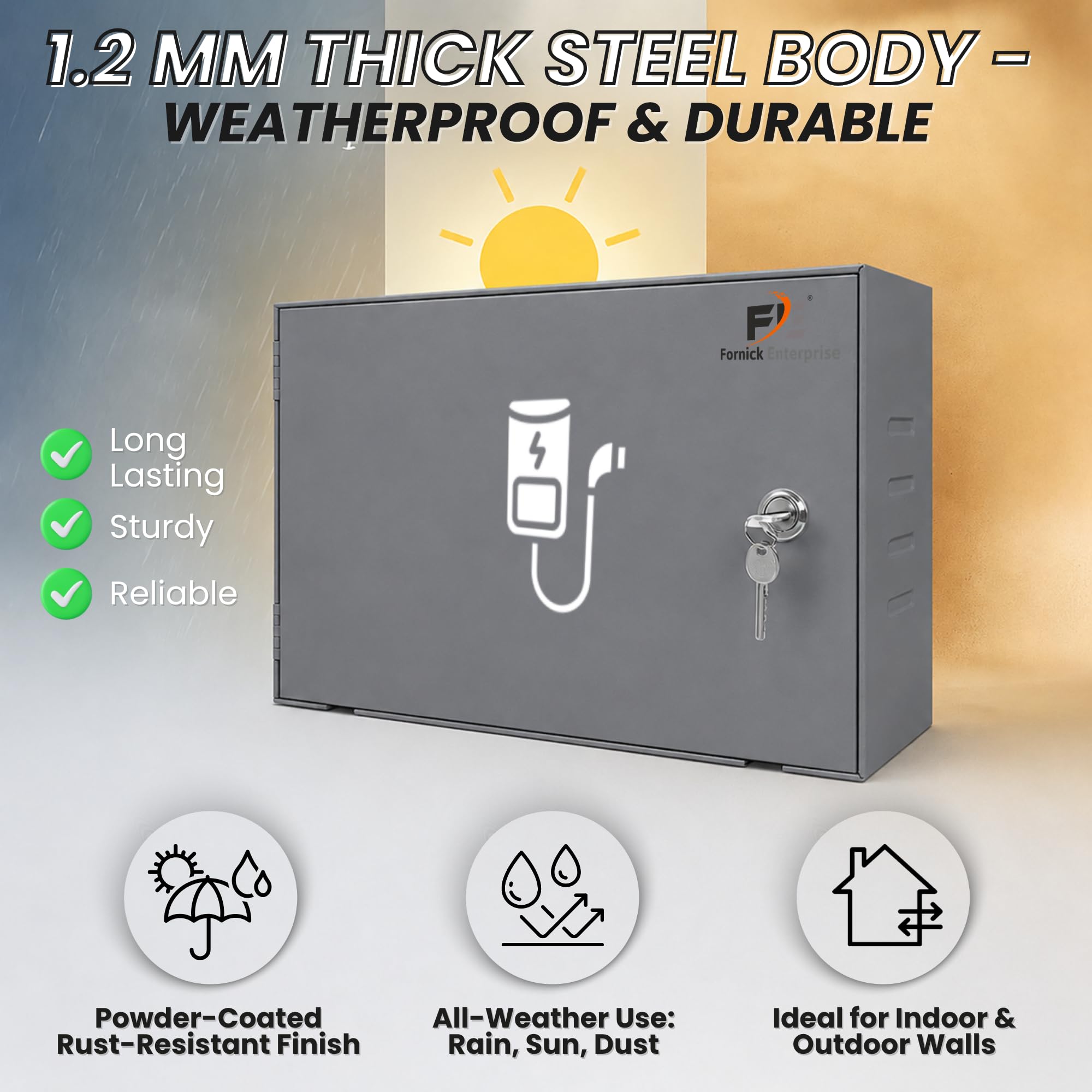 Electric Vehicle Charger Safety Box with Lock- Durable Metal Body, Weatherproof, Inbuilt 15 AMP Plug & MCB for Safety β Wall Mountable, Compatible with BMW, GM, Mahindra, TATA and More 4