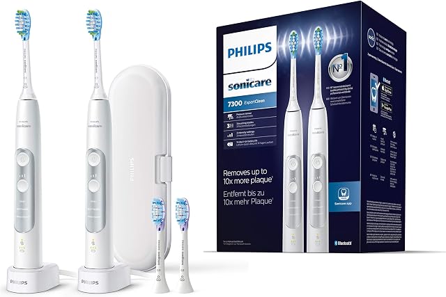 Philips Sonicare ExpertClean 7300 HX9611/19 elektryczna szczoteczka do zębów, z technologią dźwięku, kontrolą nacisku, etui podróżne, dwupak, biała