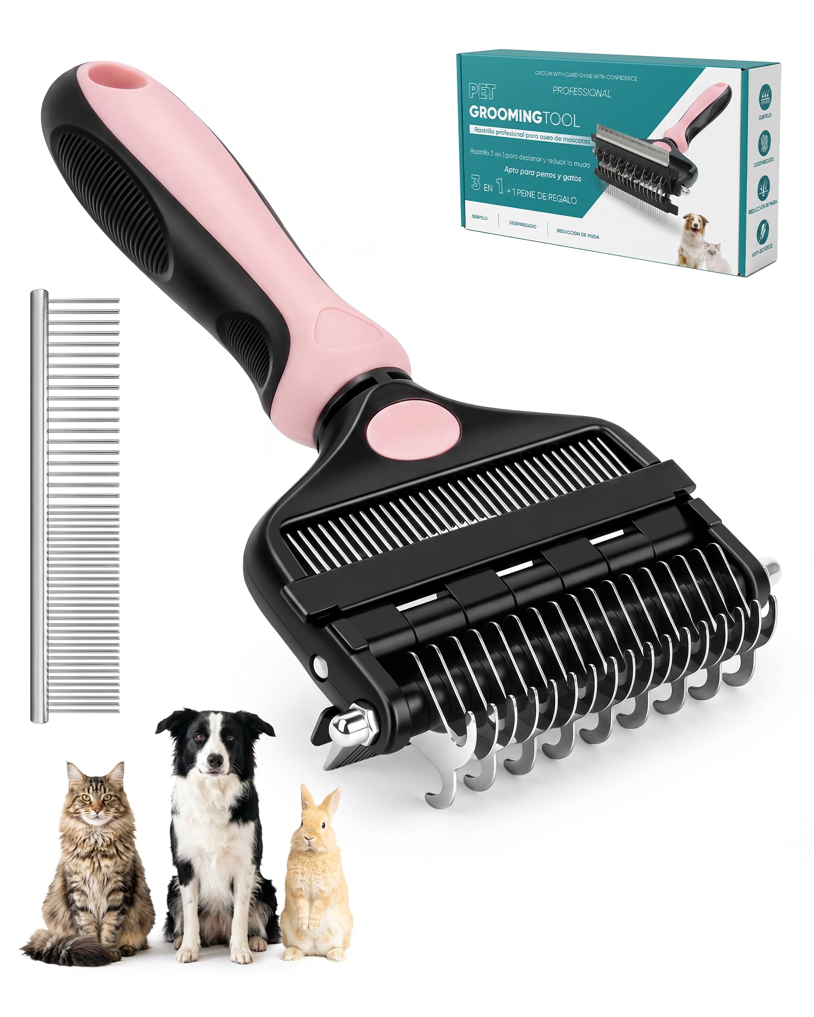 3-in-1 Dog Grooming Brush, Deshedding Tool, Undercoat Rake & Dematting Comb