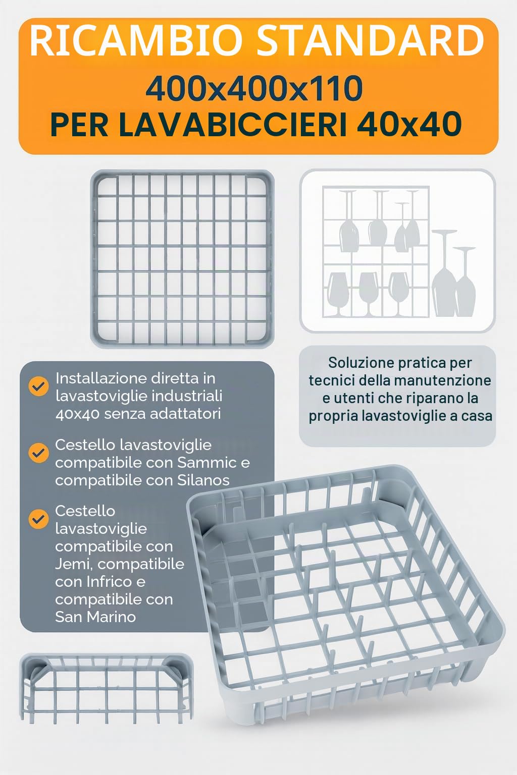 RO Linea Bianca - Cestino per lavastoviglie, 20 pivot, 400 x 400 x 110 mm, in polipropilene industriale, impilabile, forato, essiccato, compatibile con Sammic Silanos Jemi Infrico San Marino