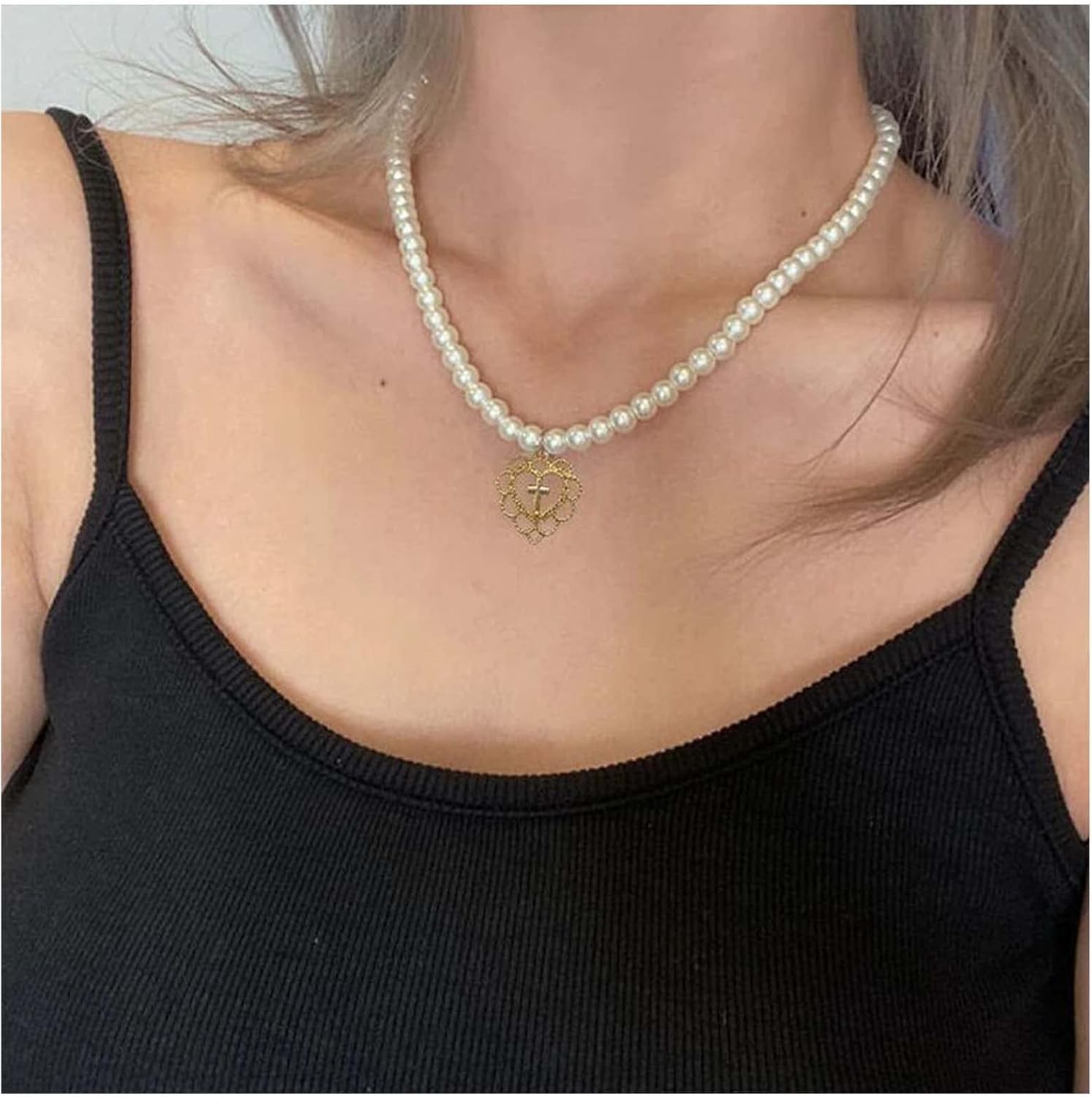 Vintage Pearl Choker Necklace Love Heart Pendant Necklace Pearl Bead Collar Necklace Short Cross Charm Necklace Chain Jewelry for Women - Image 2
