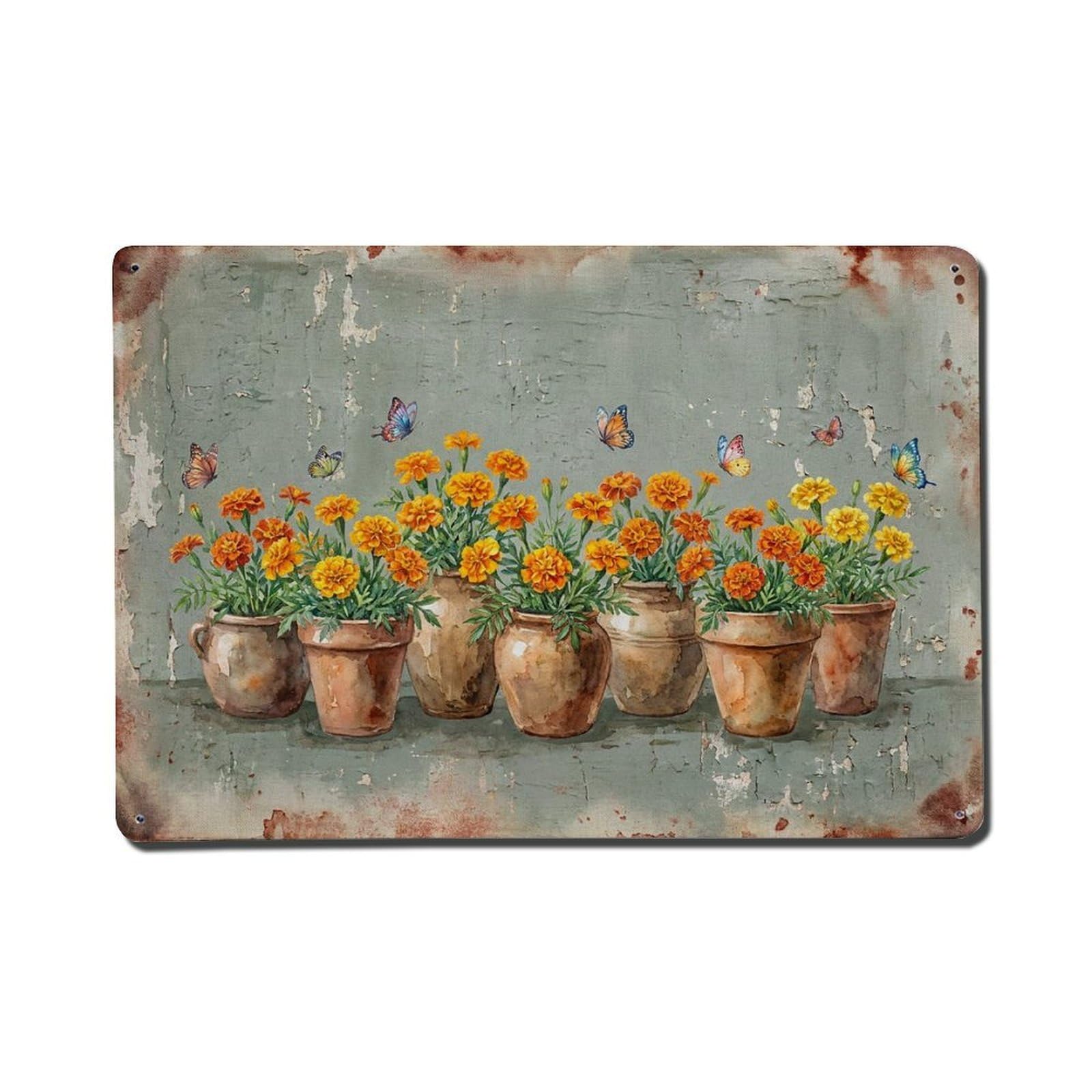 Vintage Rustic Flower Potted Plants Marigold Metal Tin Sign