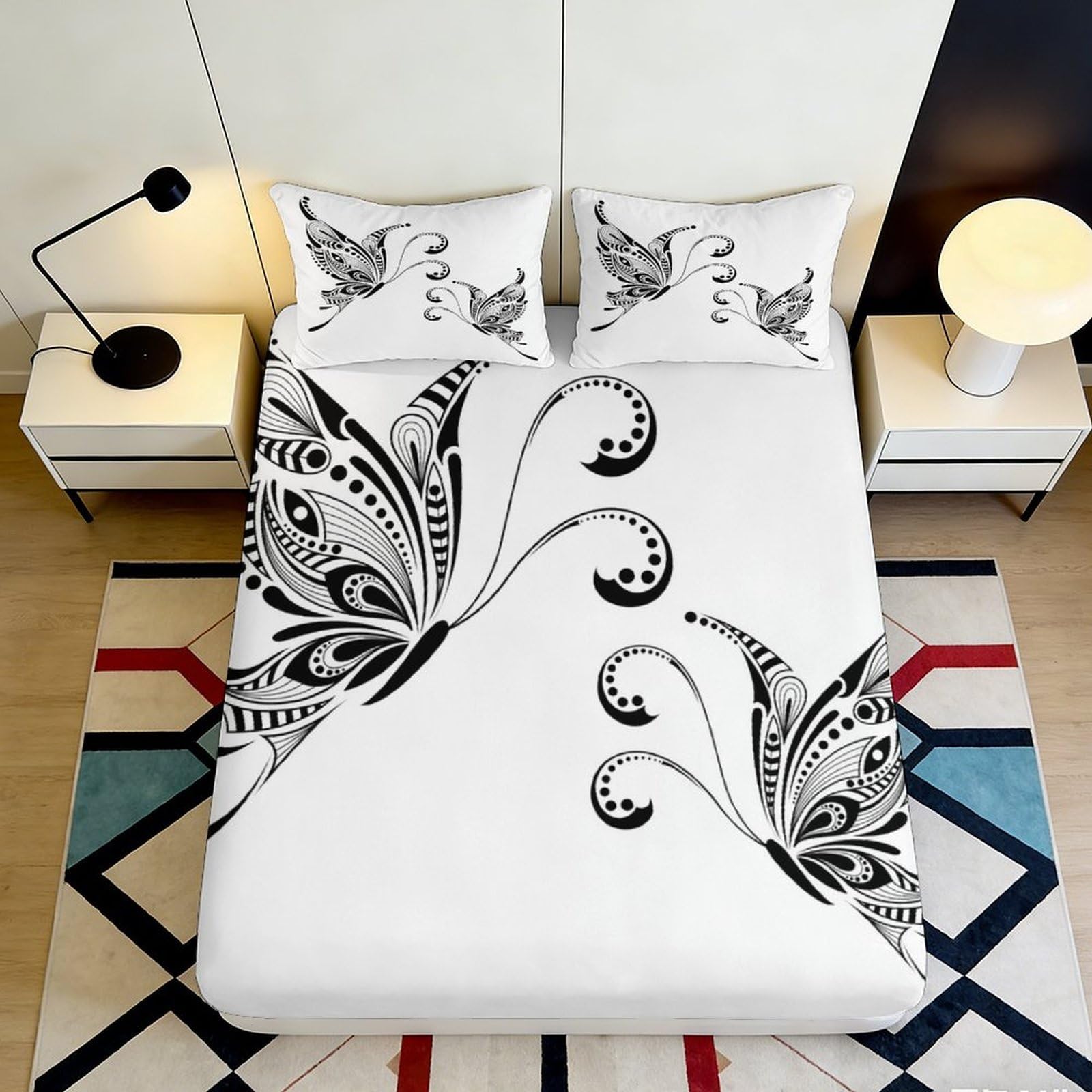 3D Printed Black White Butterfly Fitted Sheet Microfiber Soft Anti-Slip Bed Cover for Bedroom Teen Dorm Decor Mattress Protector 90x200x25cm
