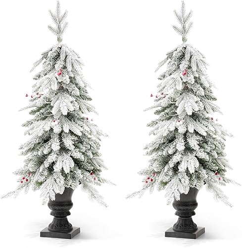 Miniatura 6 de Glitzhome Árbol de Navidad artificial flocado de 4 pies con 100 luces blancas cálidas, piña y bayas, decoración navideña, juego de 2
