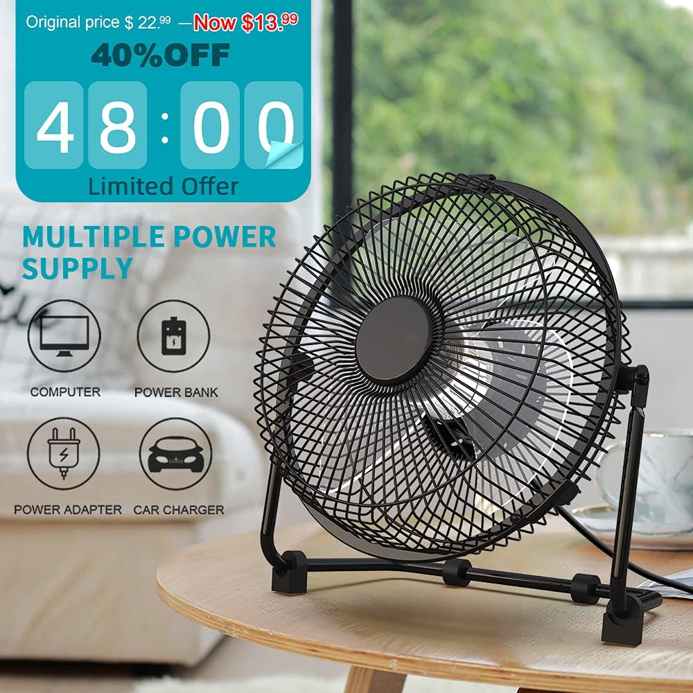 9 Inch USB Desk Fan USB Powered ONLY (No Battery), Personal Table Fan with Strong Airflow Quiet Operation, Portable Cooling Fan for Home Office Bedroom-Black : Electronics