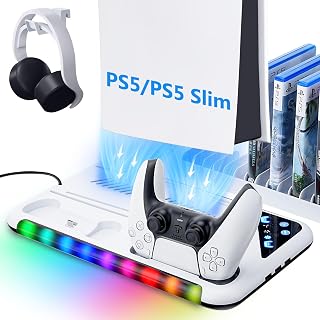 Allnice PS5 Slim Stand and Cooling Station with Controller Charging Station for PlayStation 5, PS5 Accessories with 3 Levels Cooling Fan, RGB LED Light, 3 USB HUBs, Headset Holder, 13 Game Storage