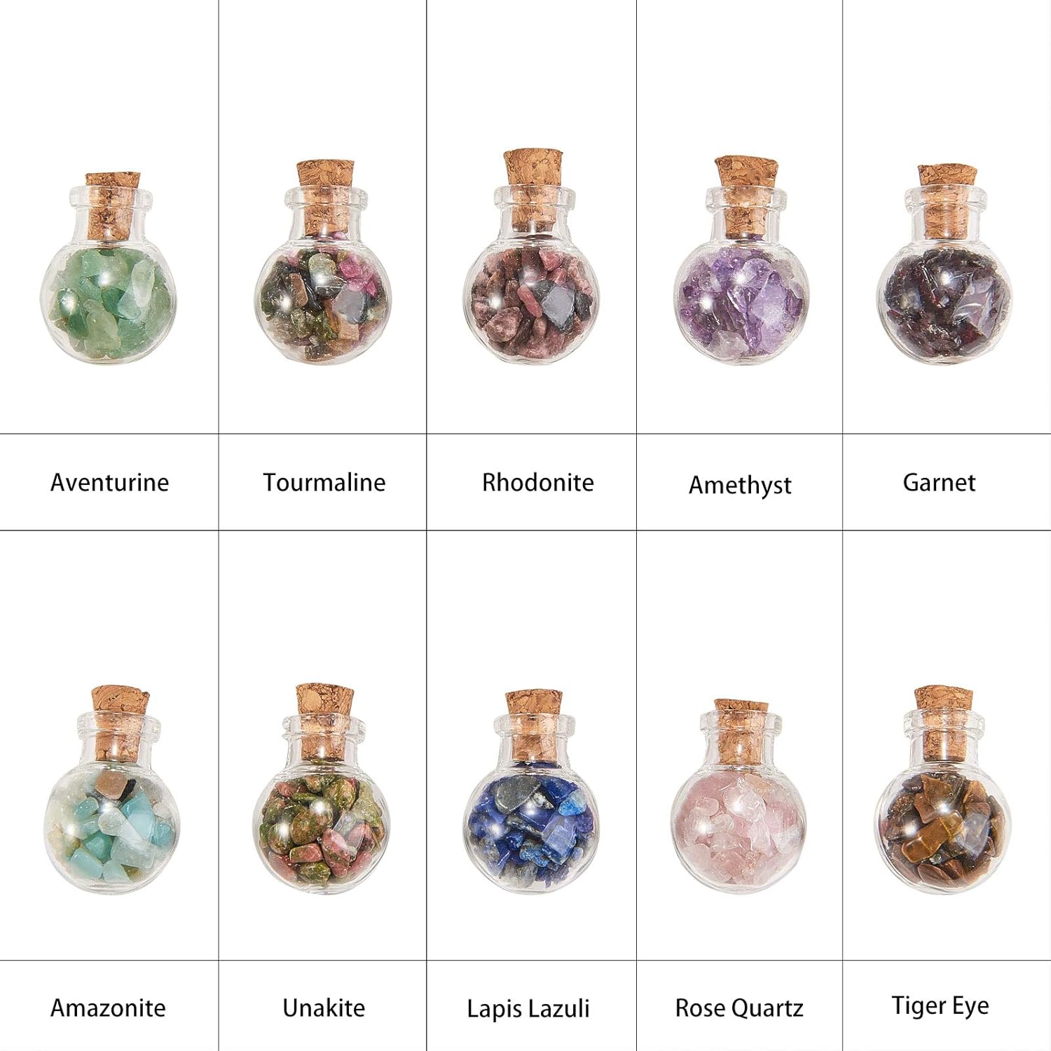 LiQunSweet 30 Pcs Tumbled Gemstone Crystal Chips Mini Glass Wishing Bottle Healing Reiki Stones with Cork Stopper Set for Jewelry Necklace Making DIY Craftings Home Room Decoration - 28mm