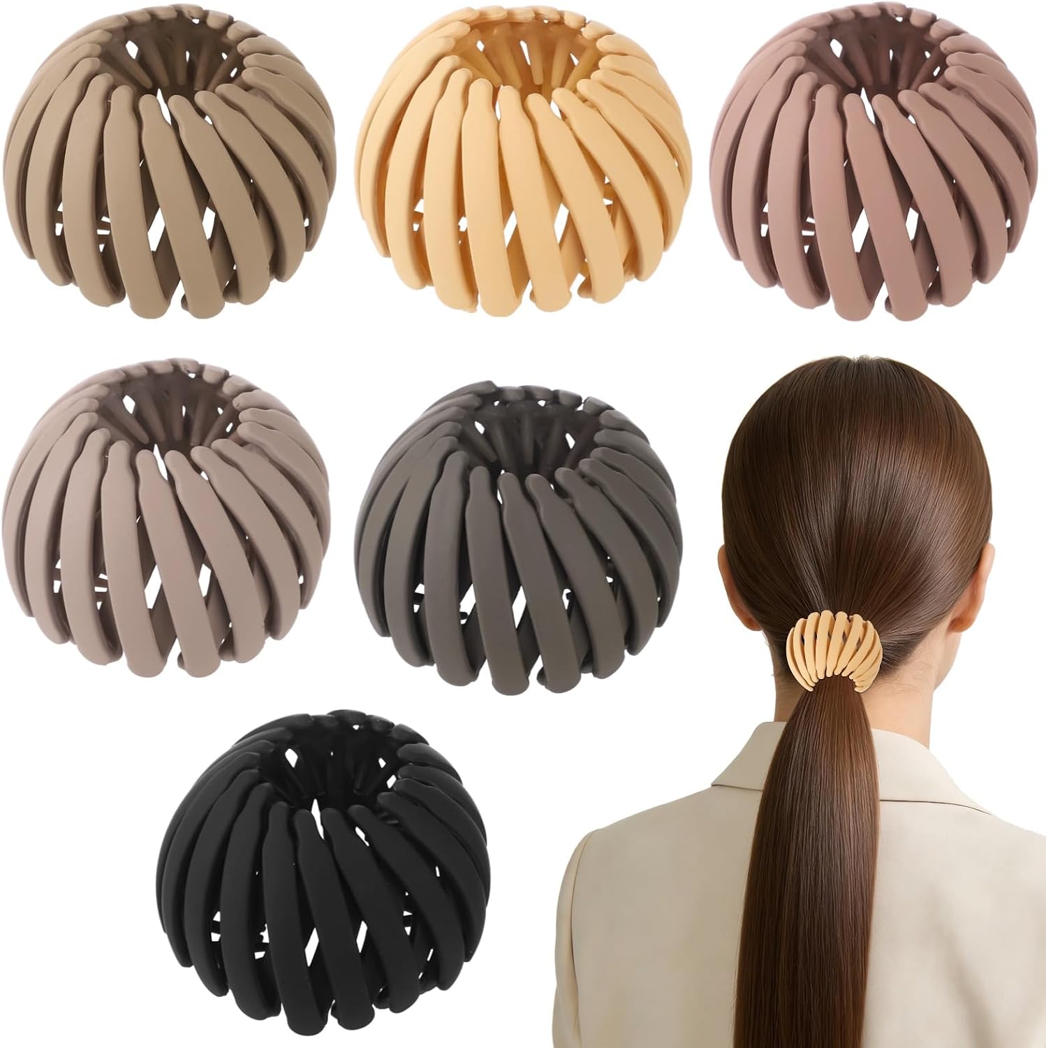 6 Pcs Bird Nest Magic Hair Clip, Expandable Bun Maker with Matte Surface, Retro Fashion Ponytail Holder for Women, Multiple Colors Hair Accessories with Strong Hold for Workout, Office & Daily Outfit