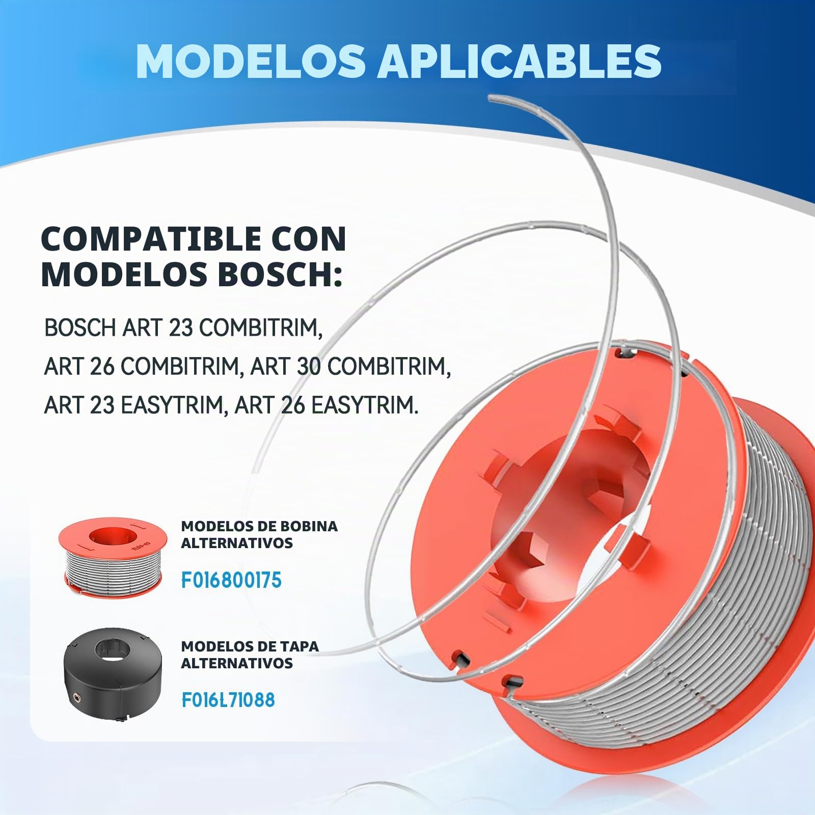 4 Bobinas de Hilo para Cortabordes Compatibles con Bosch F016800175,para Bosch Art 23 26 30 Combitrim, Art 23 26 Easytrim,Ø1,6mm 8m, con cubierta de bobina F016L71088(4 Bobina+1 Tapa)