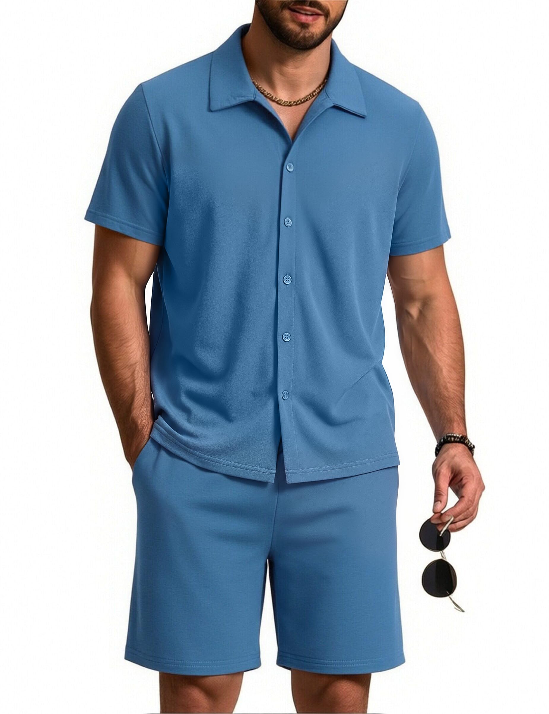 Aseniza Pijama corto para hombre de algodón con botones cortos de verano de manga corta de dos piezas para hombre